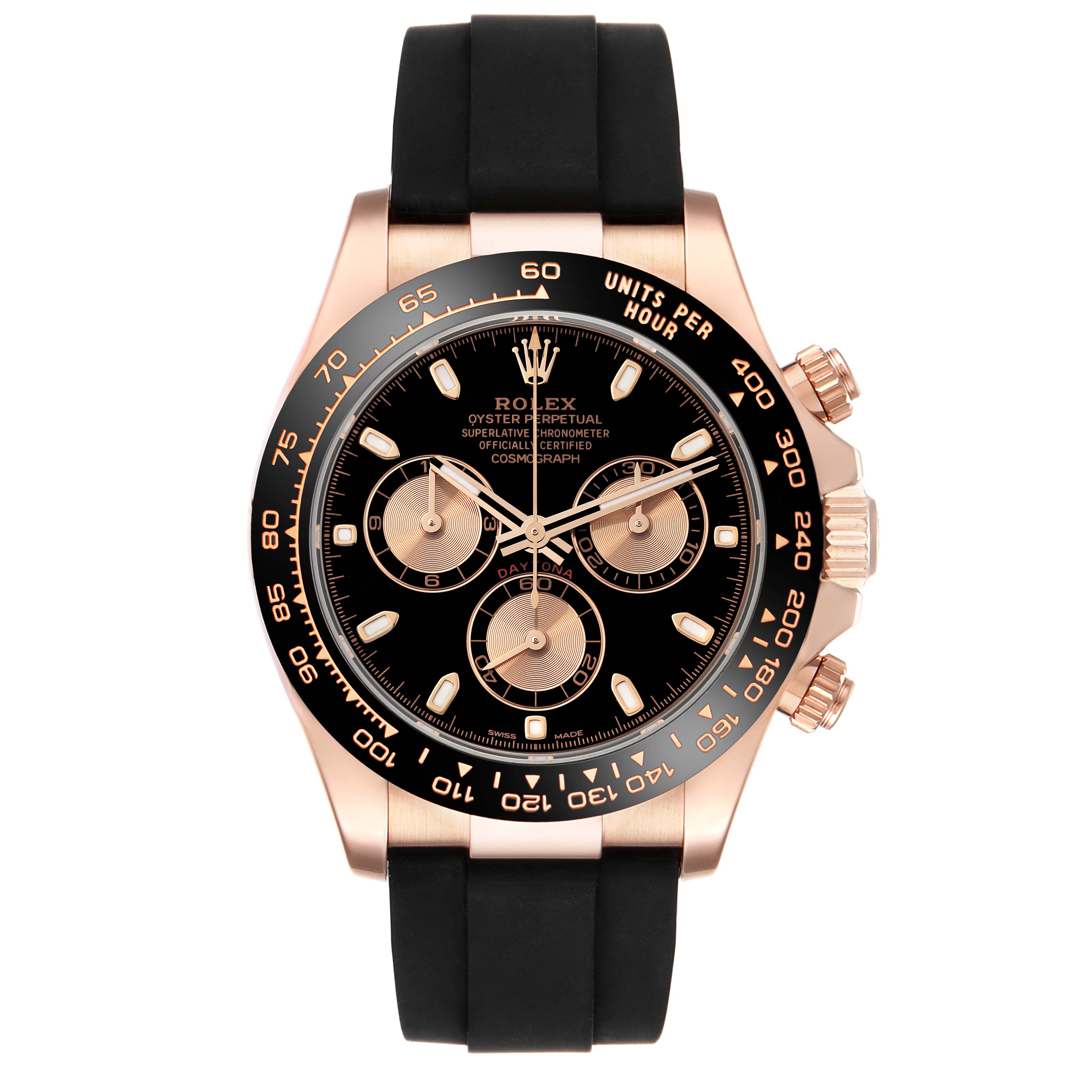 This is a front view of a Rolex Daytona 116515LN Men's Rose Gold Black Dial 116515LN Men's Rose Gold Black Dial watch featuring its black dial, chronograph subdials, rose gold case, and black rubber strap.