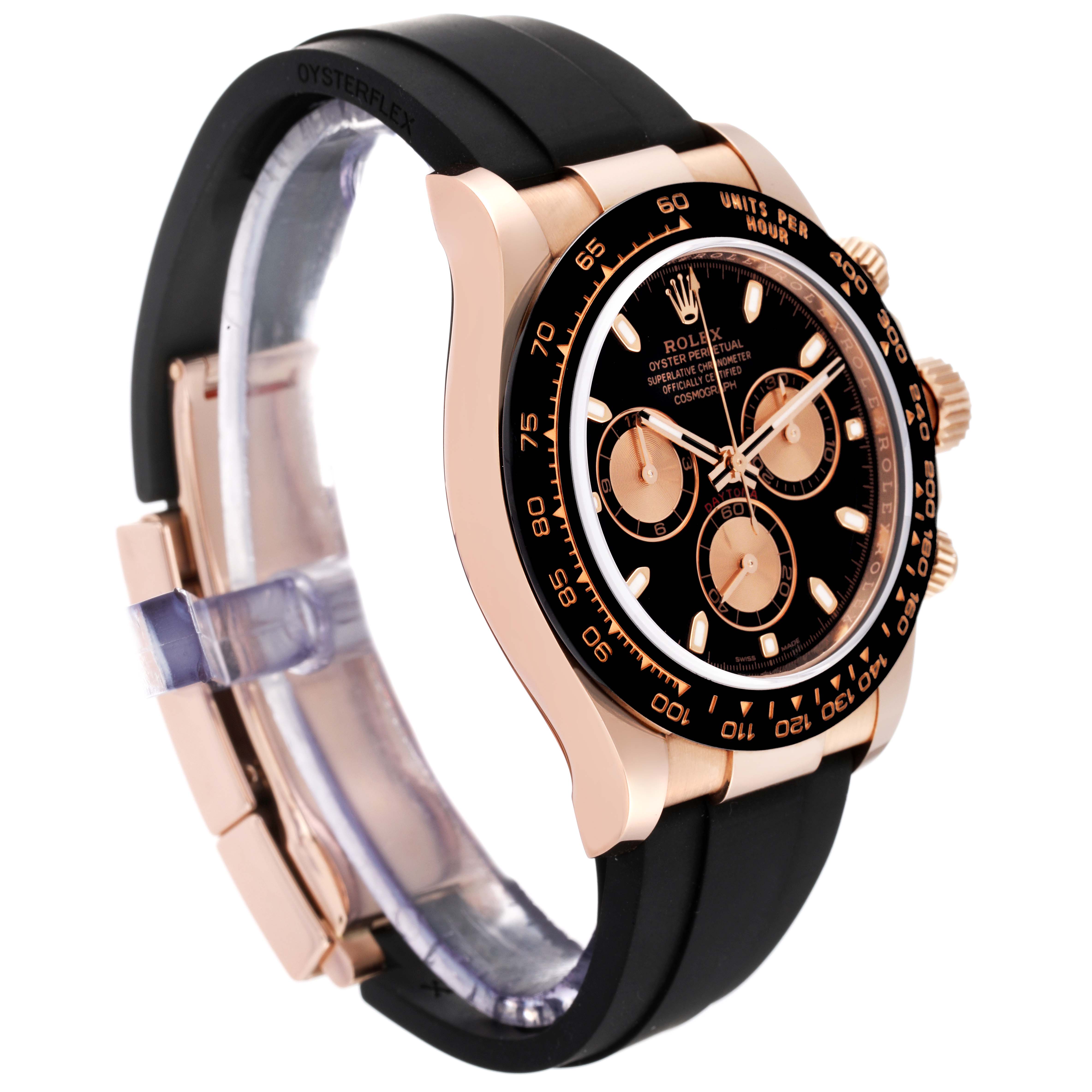 The image shows a side angle of a Rolex Daytona 116515LN Men's Rose Gold Black Dial 116515LN Men's Rose Gold Black Dial watch, highlighting its black dial, rose gold case, and black rubber strap.