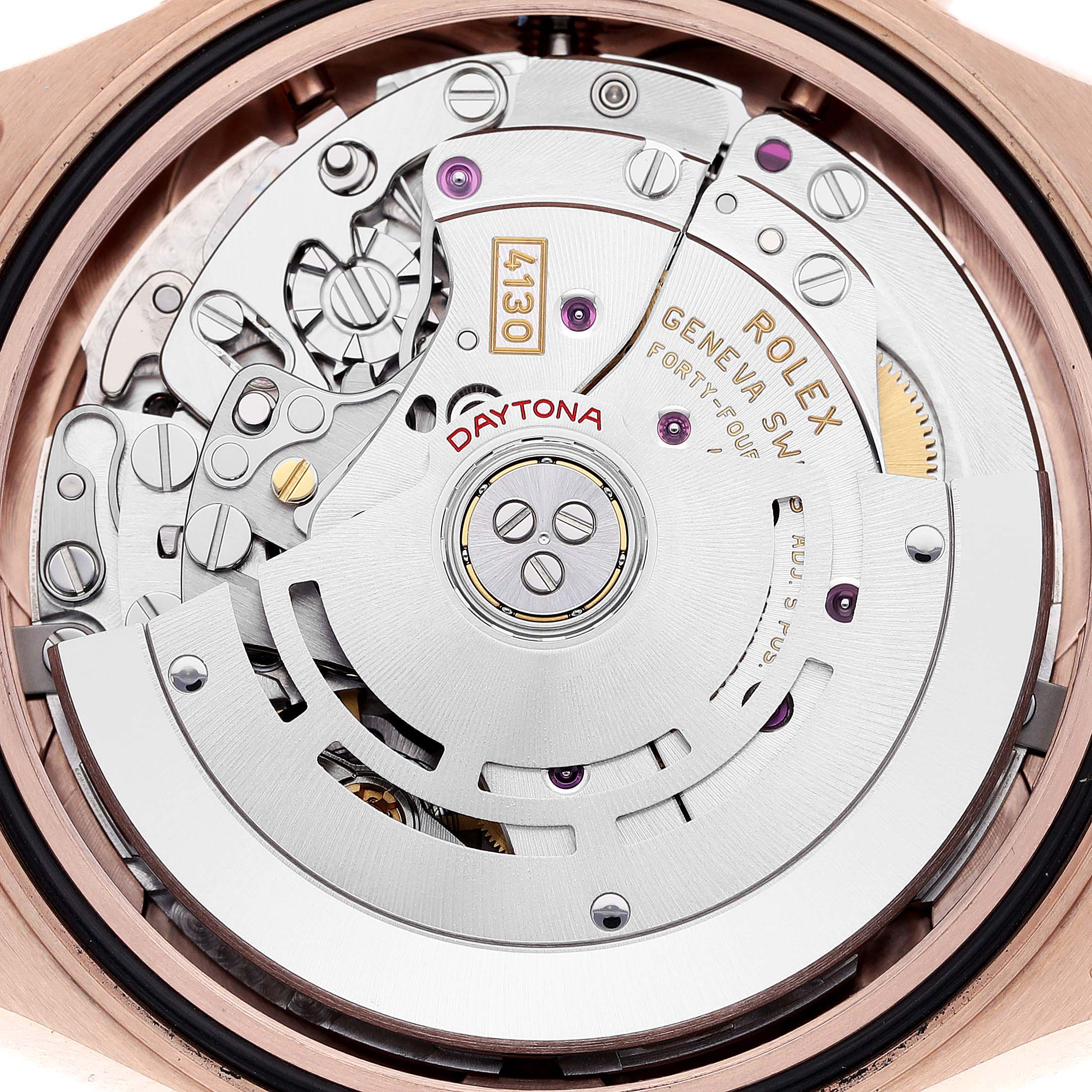 This is an internal view of the Rolex Daytona 116515LN Men's Rose Gold Black Dial 116515LN Men's Rose Gold Black Dial watch, showcasing its intricate movement and mechanisms.