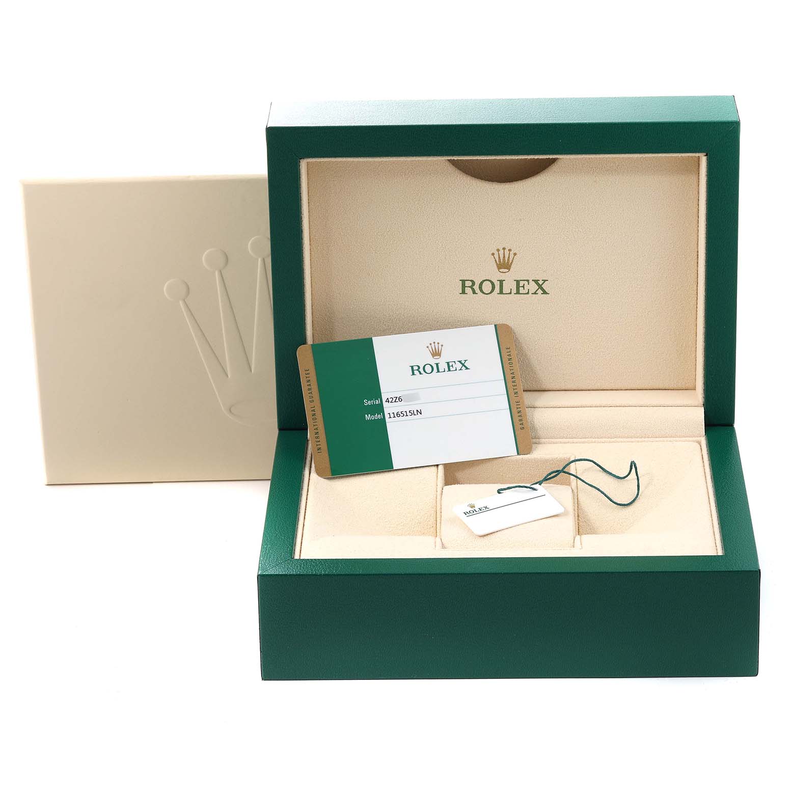 The image shows the open box for a Rolex Daytona 116515LN Men's Rose Gold Black Dial 116515LN Men's Rose Gold Black Dial watch, along with a warranty card, tag, and outer box.