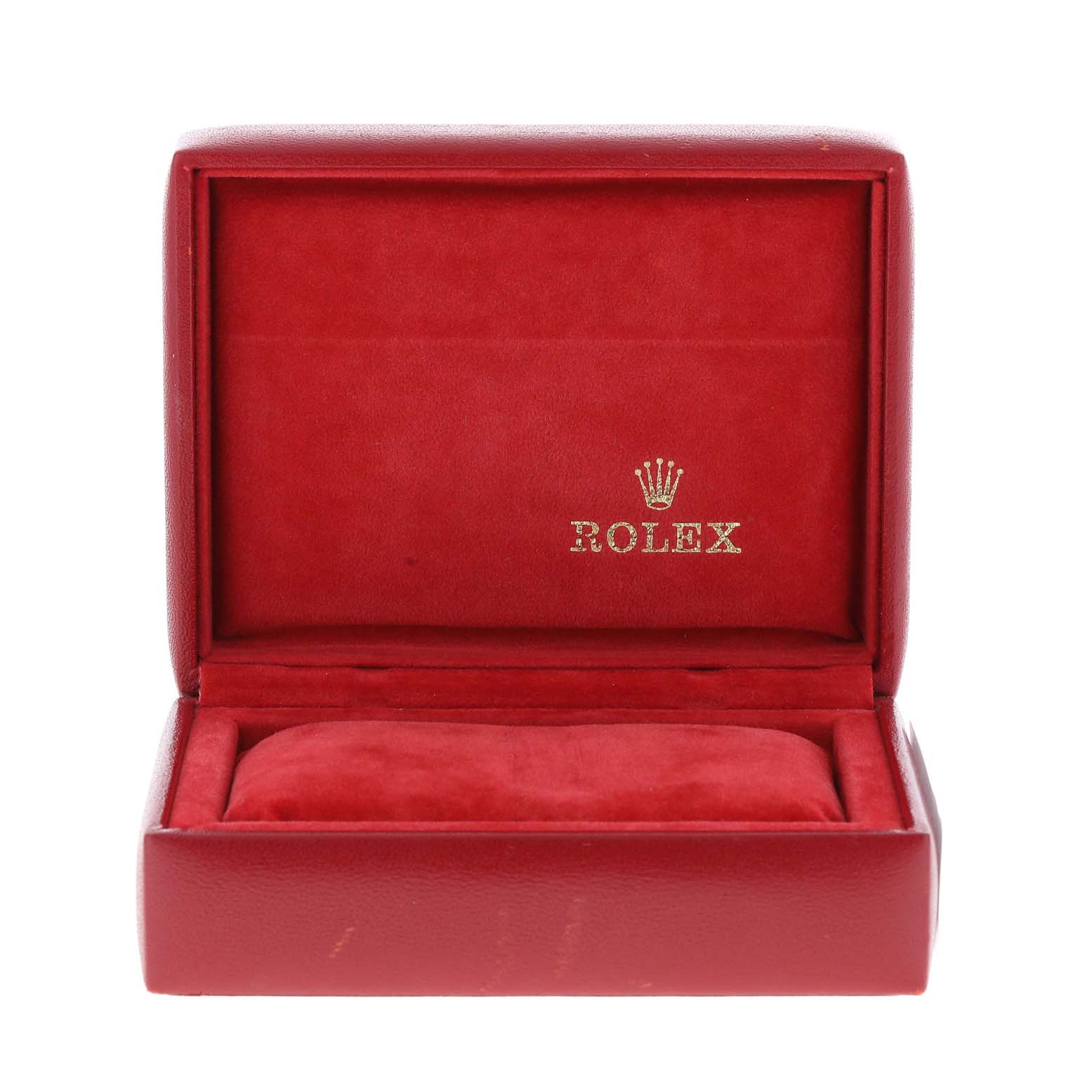 This is an image of an empty, open Rolex watch box for the Date model, featuring a red, plush interior.