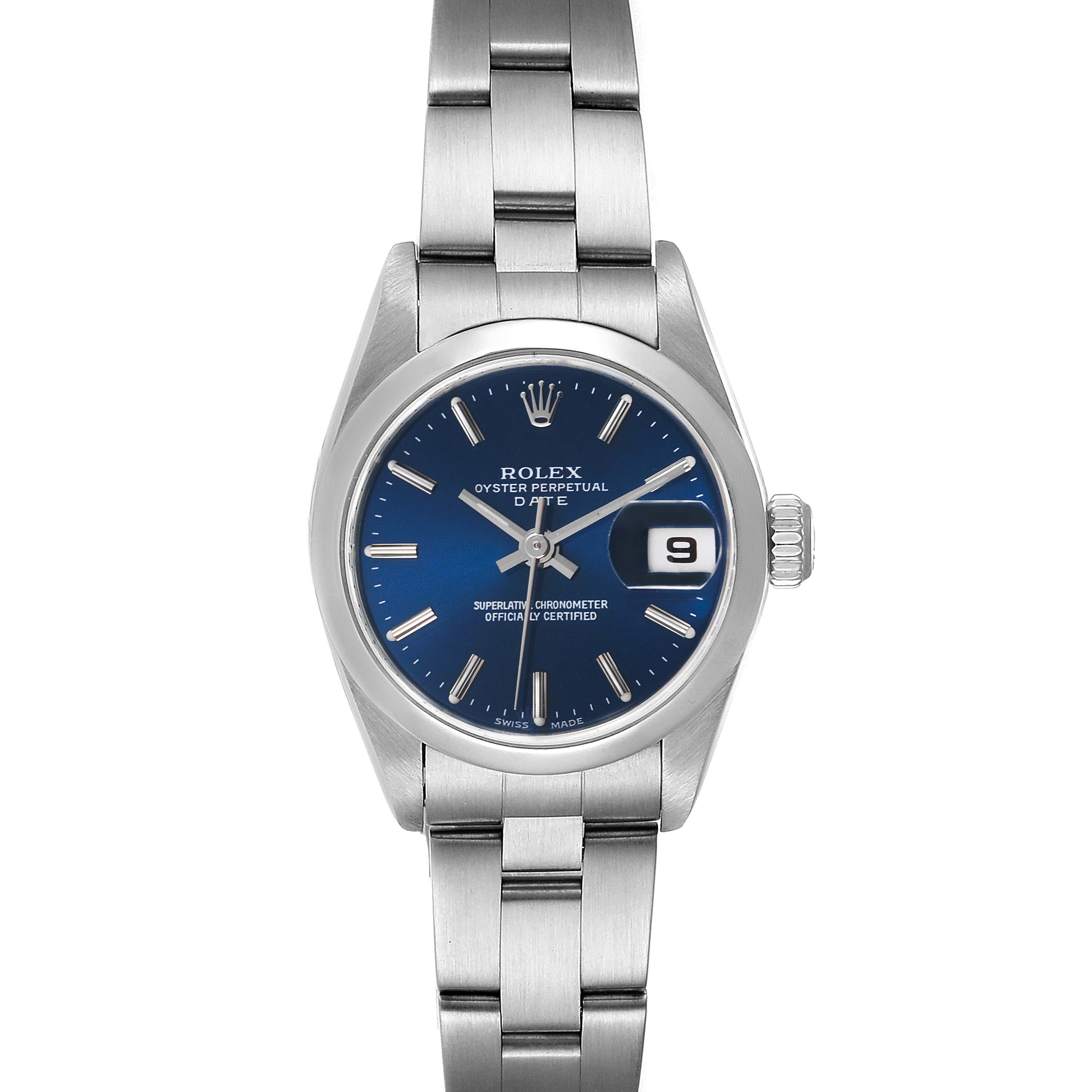 The image shows a front view of a Rolex Date 79160 Women's Stainless Steel Blue Dial 79160 Women's Stainless Steel Blue Dial model watch, highlighting the blue dial, date window, and metal bracelet.
