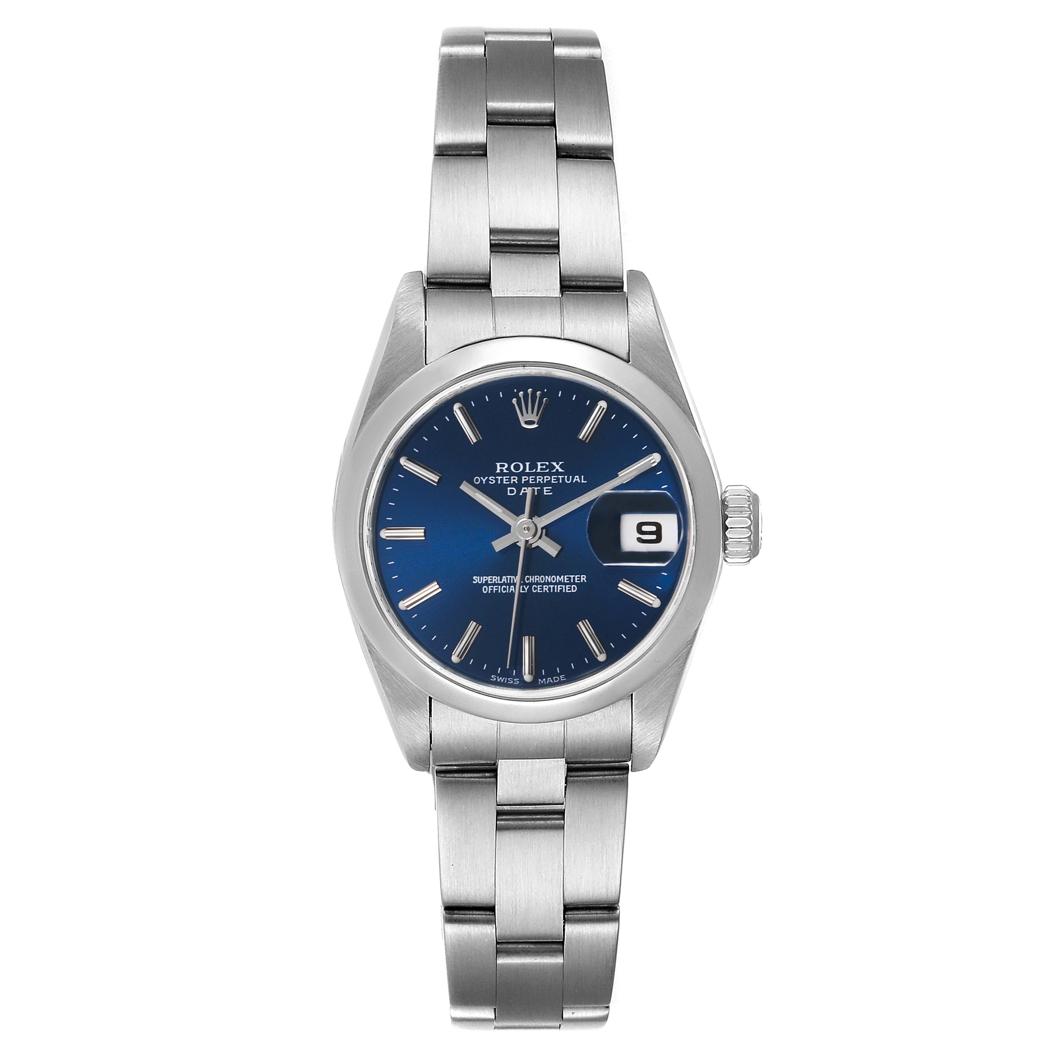 This image shows the front view of a Rolex Date 79160 Women's Stainless Steel Blue Dial 79160 Women's Stainless Steel Blue Dial model watch, featuring the dial, bracelet, and crown.