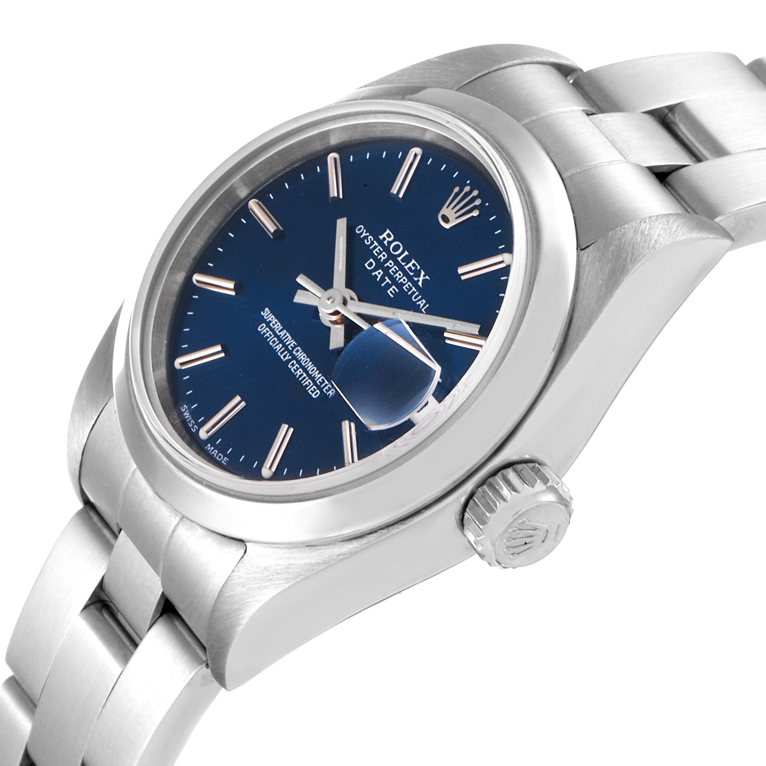 The image shows a Rolex Date 79160 Women's Stainless Steel Blue Dial 79160 Women's Stainless Steel Blue Dial model watch at a side angle, highlighting the dial, crown, and bracelet.