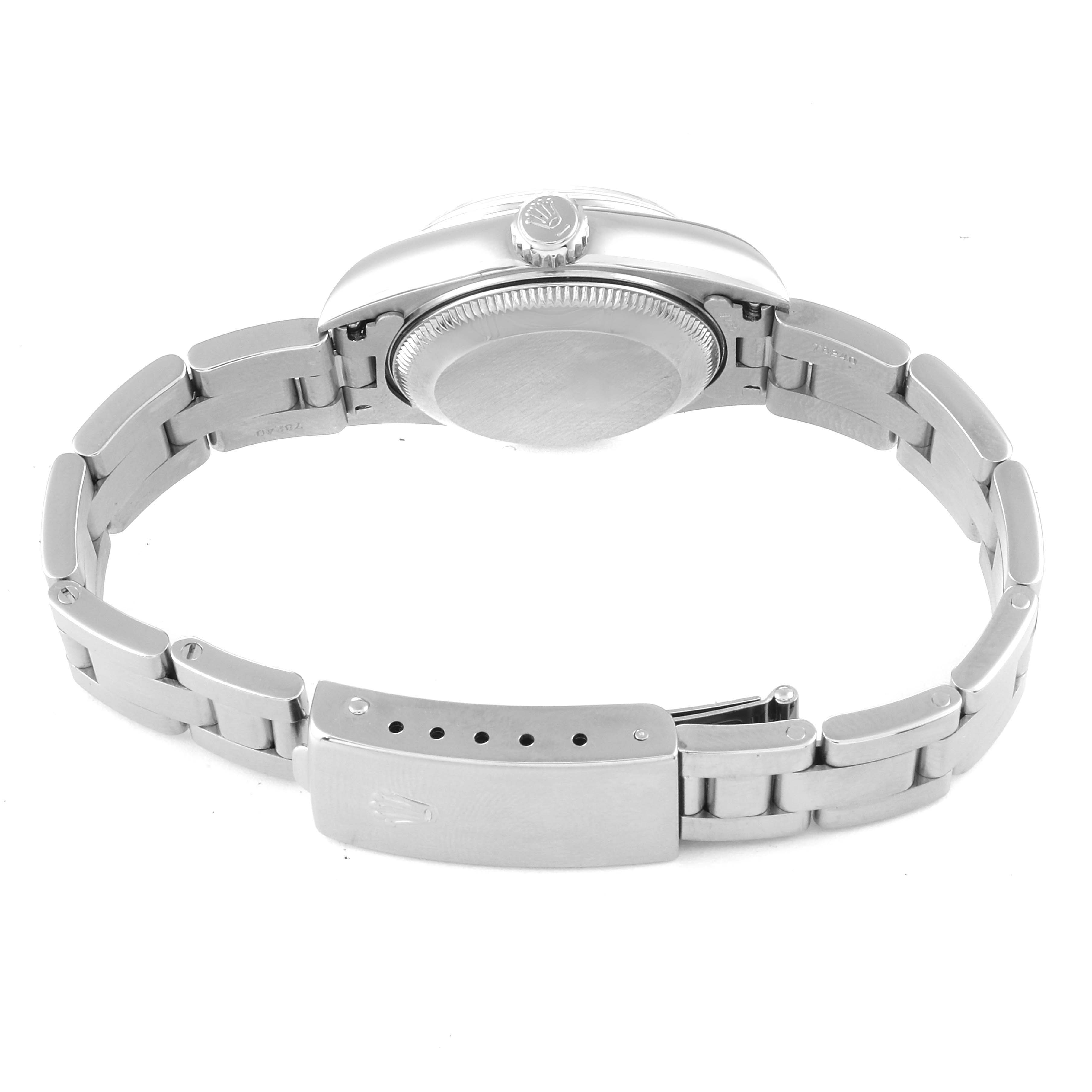 This image shows the back and buckle of a Rolex Date 79160 Women's Stainless Steel Blue Dial 79160 Women's Stainless Steel Blue Dial model watch at a slight angle.