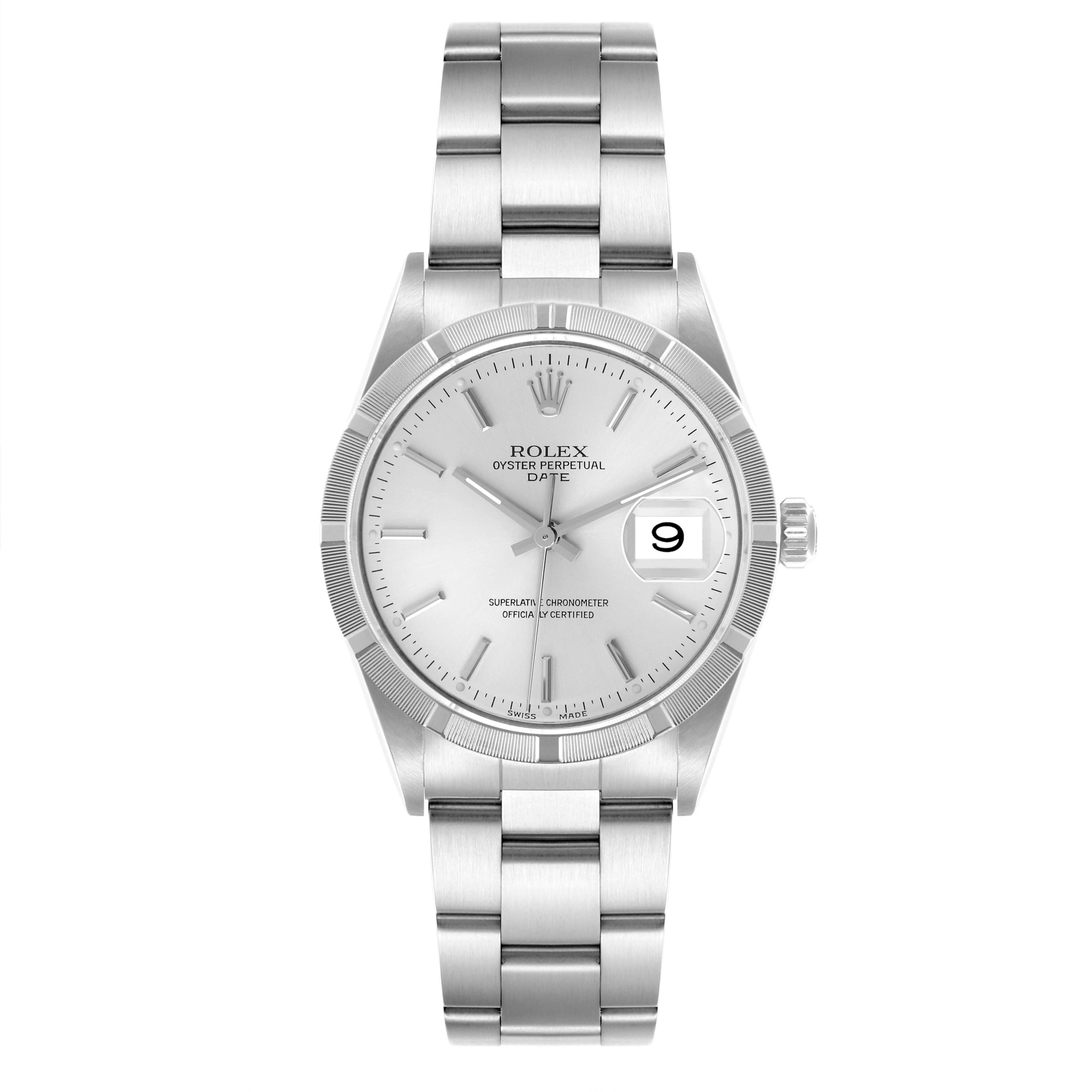 The Rolex Date 15210 Men's Stainless Steel Silver Dial 15210 Men's Stainless Steel Silver Dial watch is shown from a top view, featuring the face, bezel, bracelet, crown, and date window.