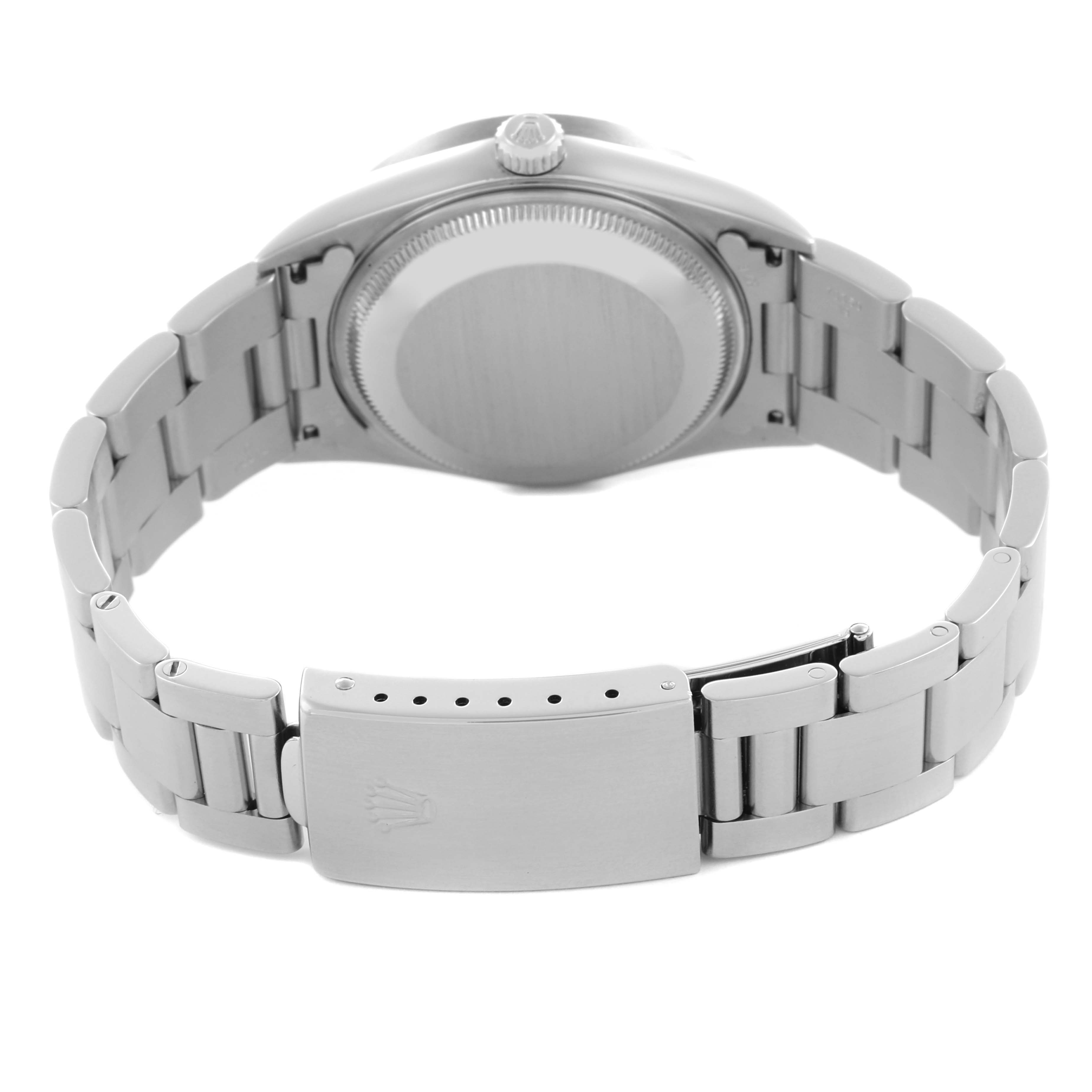 The image shows the back view of a Rolex Date 15210 Men's Stainless Steel Silver Dial 15210 Men's Stainless Steel Silver Dial watch, highlighting the case back and bracelet with clasp.