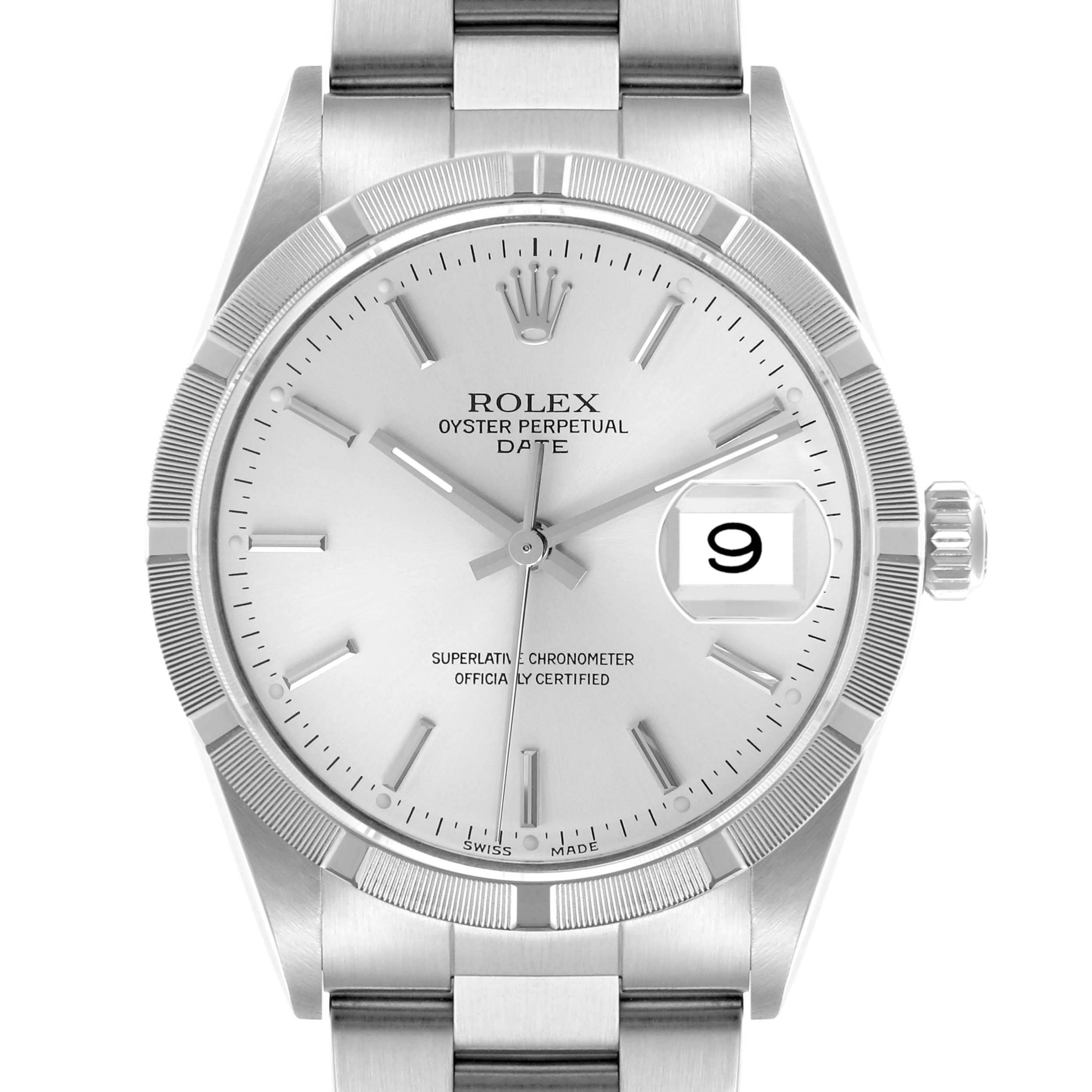 The image shows a frontal view of the Rolex Date 15210 Men's Stainless Steel Silver Dial 15210 Men's Stainless Steel Silver Dial watch, displaying the dial, hands, date window, and part of the bracelet.