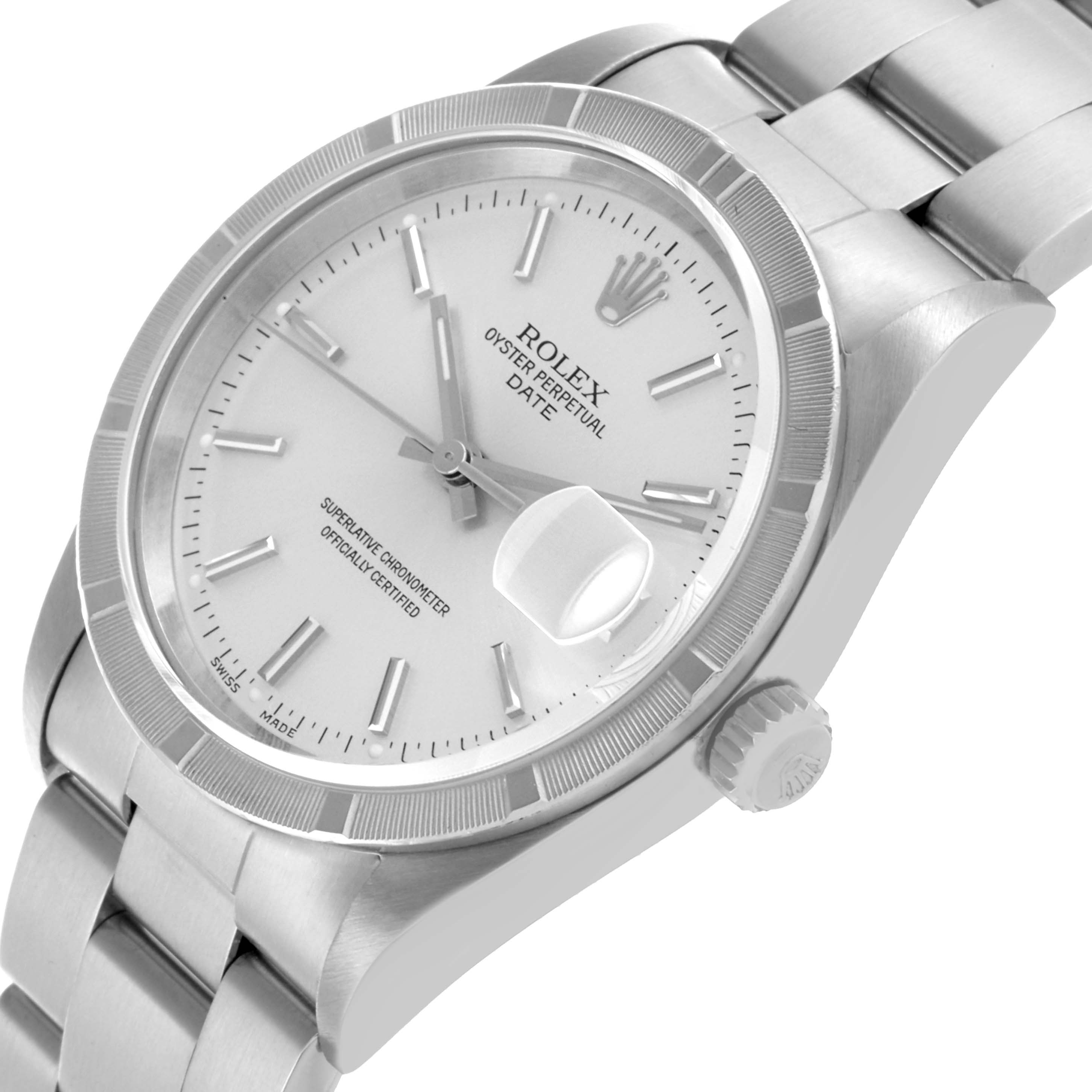 The Rolex Date 15210 Men's Stainless Steel Silver Dial 15210 Men's Stainless Steel Silver Dial watch is shown at an angled view, displaying the face, bezel, crown, and part of the bracelet.