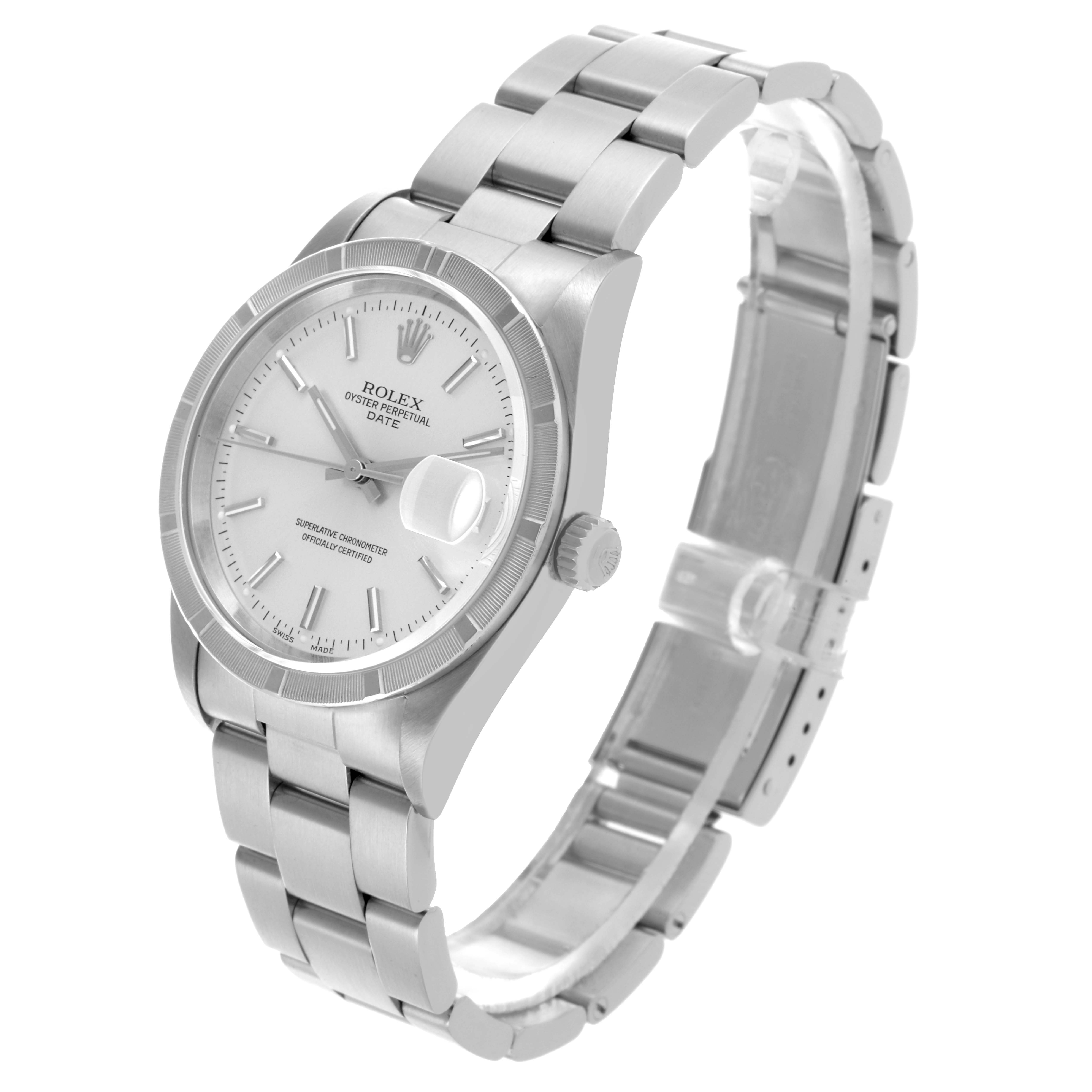 The Rolex Date 15210 Men's Stainless Steel Silver Dial 15210 Men's Stainless Steel Silver Dial model watch is shown at a slight angle, highlighting the face, bezel, crown, and metal bracelet.