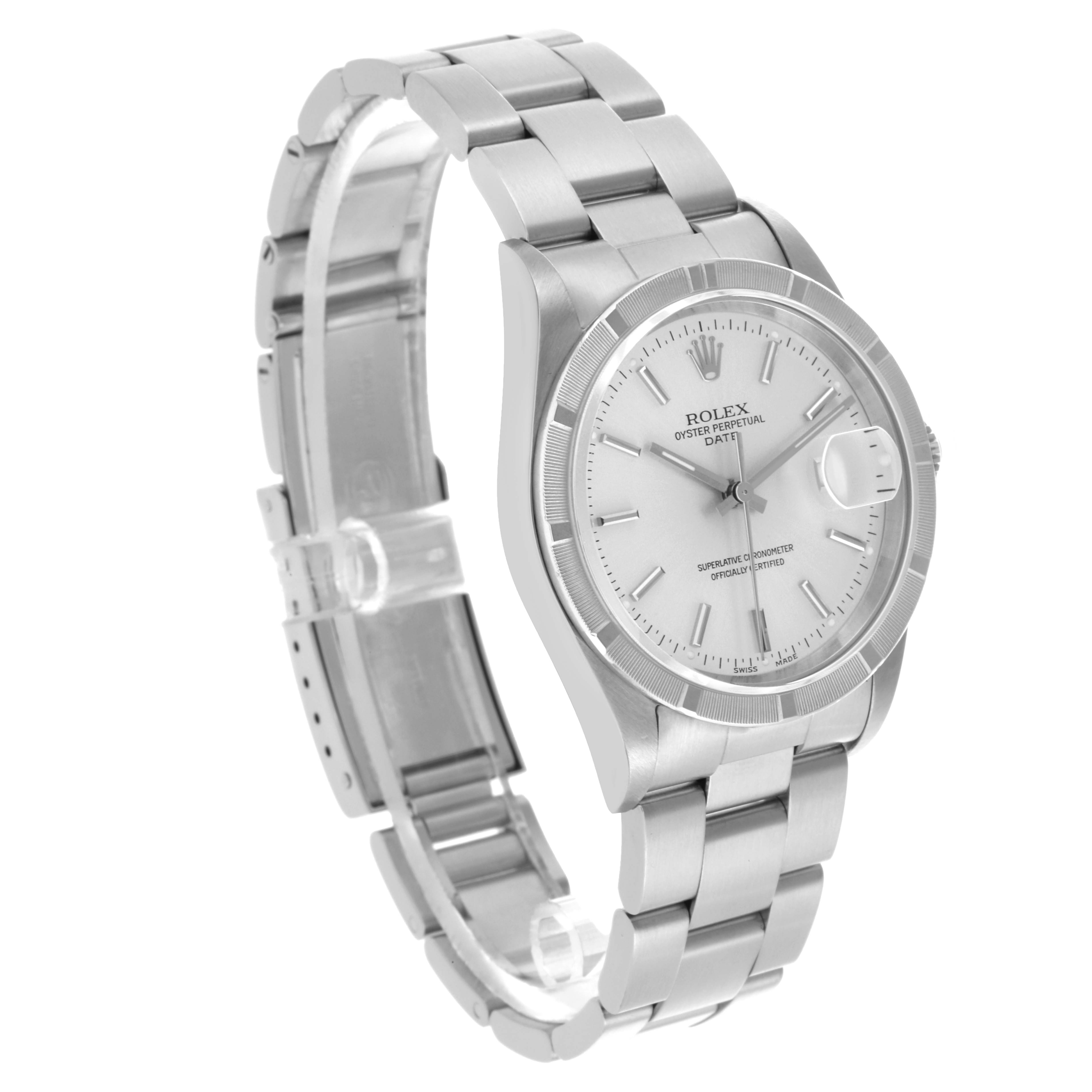 The Rolex Date 15210 Men's Stainless Steel Silver Dial 15210 Men's Stainless Steel Silver Dial model watch is shown at a slight angle, displaying the dial, bracelet, and side profile.