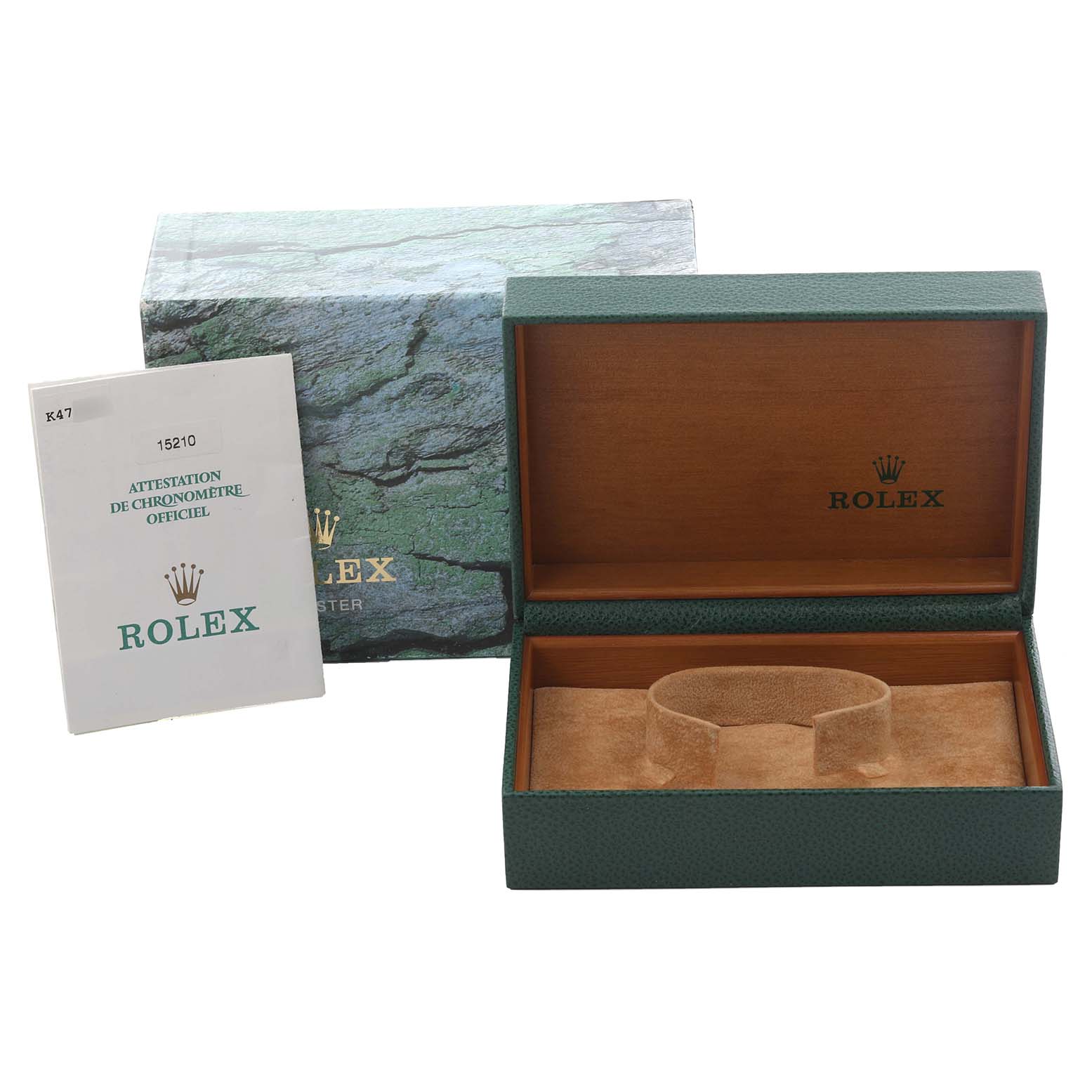 The image shows a Rolex Date 15210 Men's Stainless Steel Silver Dial 15210 Men's Stainless Steel Silver Dial model box and papers, with an open green and beige watch box and official documents.