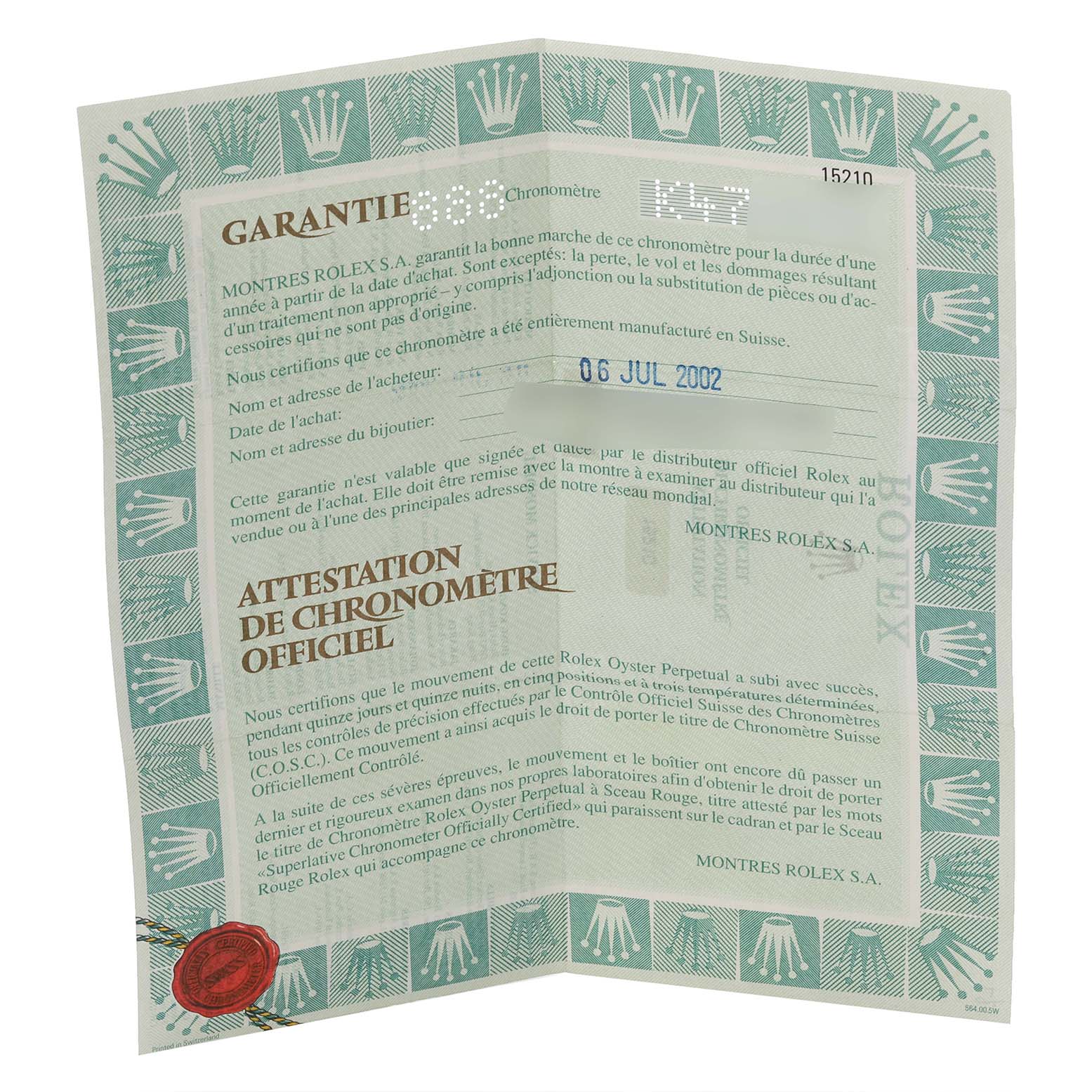 The image shows a warranty certificate for a Rolex Date 15210 Men's Stainless Steel Silver Dial 15210 Men's Stainless Steel Silver Dial model, displaying text and logos.