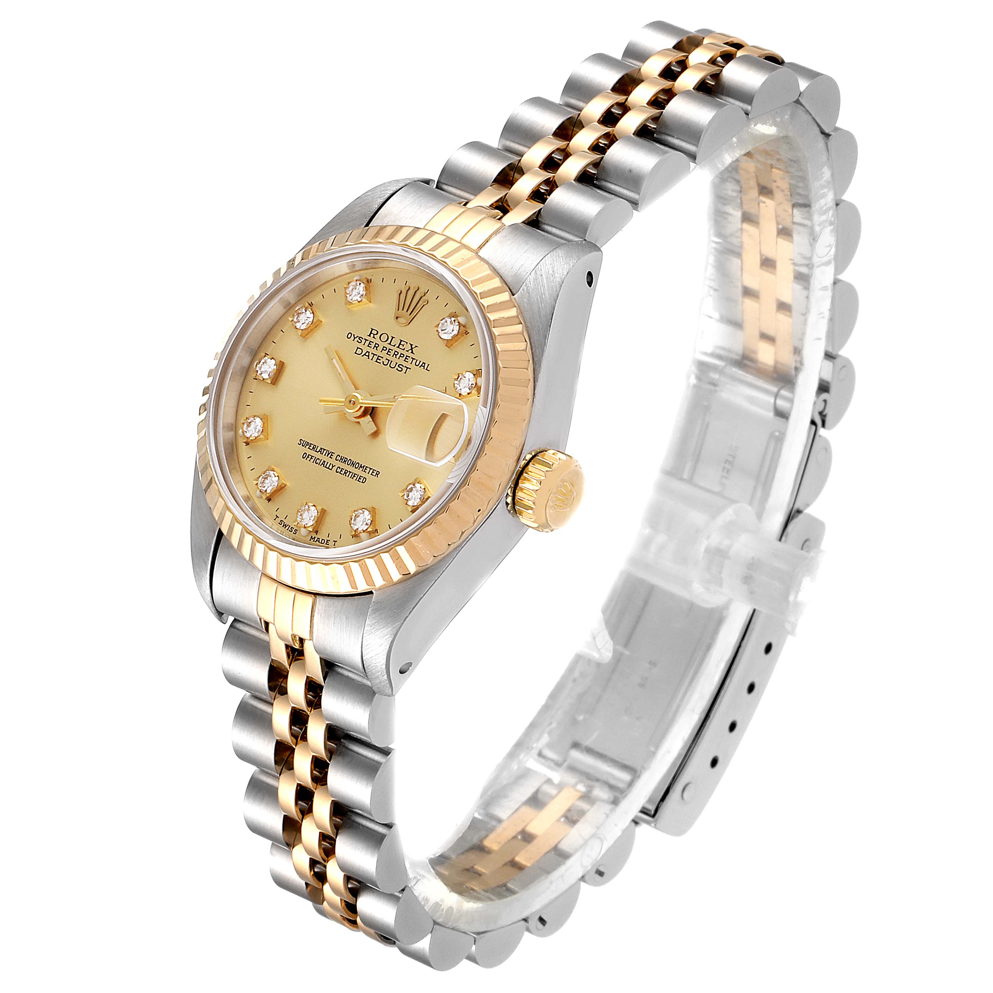This image shows a side angle of a Rolex Datejust 69173 Women
s Steel and Gold (two tone) Champagne Dial 69173 Women
s Steel and Gold (two tone) Champagne Dial model, highlighting its gold and silver bracelet, dial, and fluted bezel.