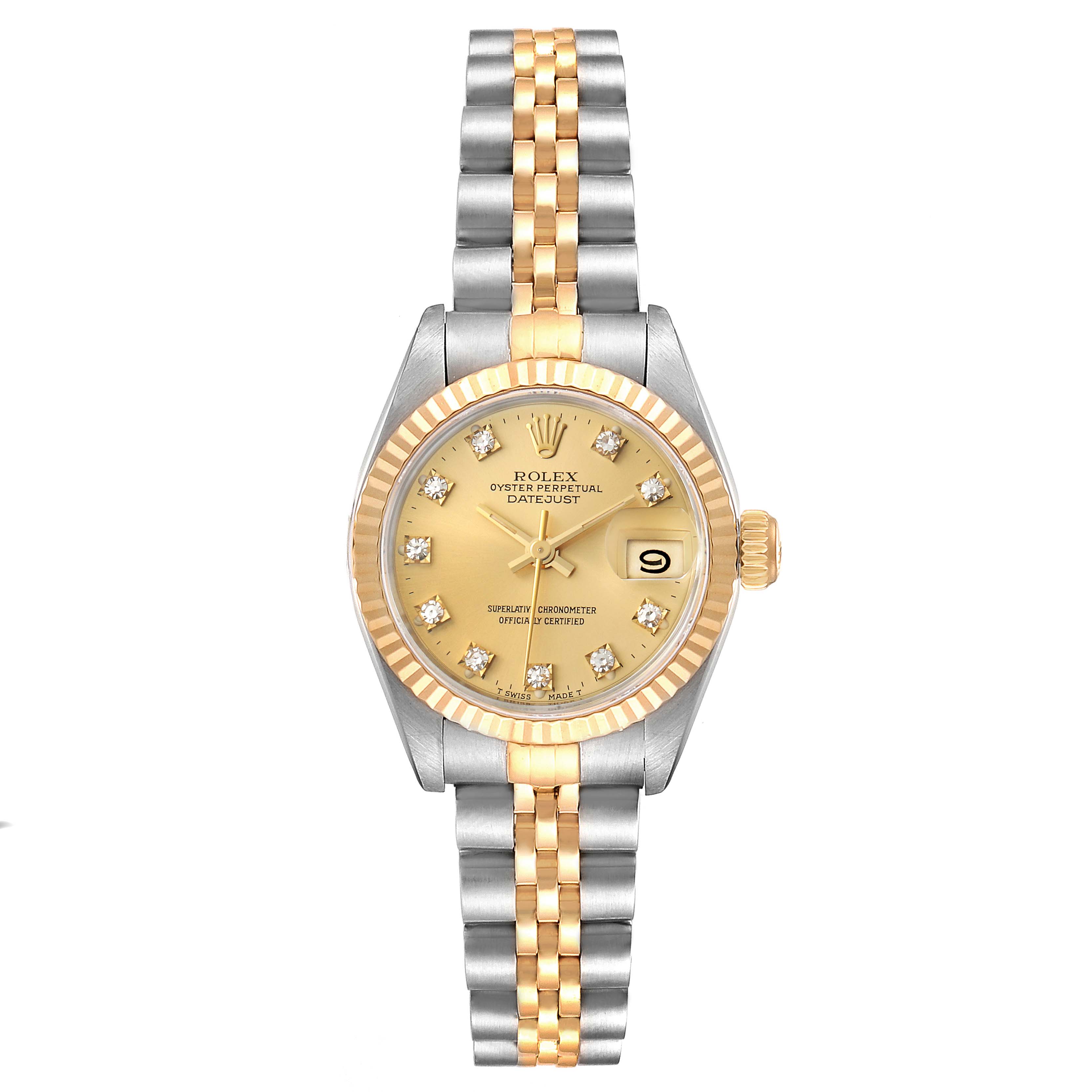 This image shows a front view of a Rolex Datejust 69173 Women
s Steel and Gold (two tone) Champagne Dial 69173 Women
s Steel and Gold (two tone) Champagne Dial watch, showcasing the dial, bezel, and bracelet.