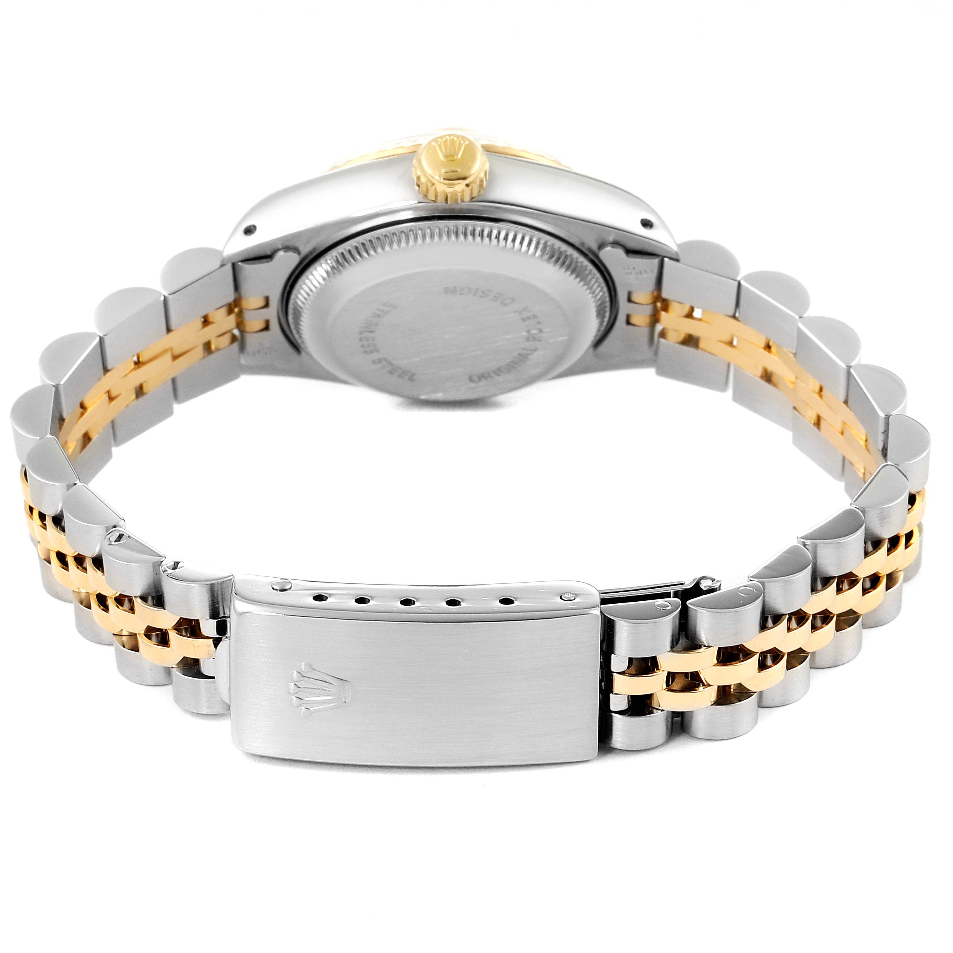 The image shows the back view of a Rolex Datejust 69173 Women
s Steel and Gold (two tone) Champagne Dial 69173 Women
s Steel and Gold (two tone) Champagne Dial watch, including the case back, crown, and two-tone bracelet.