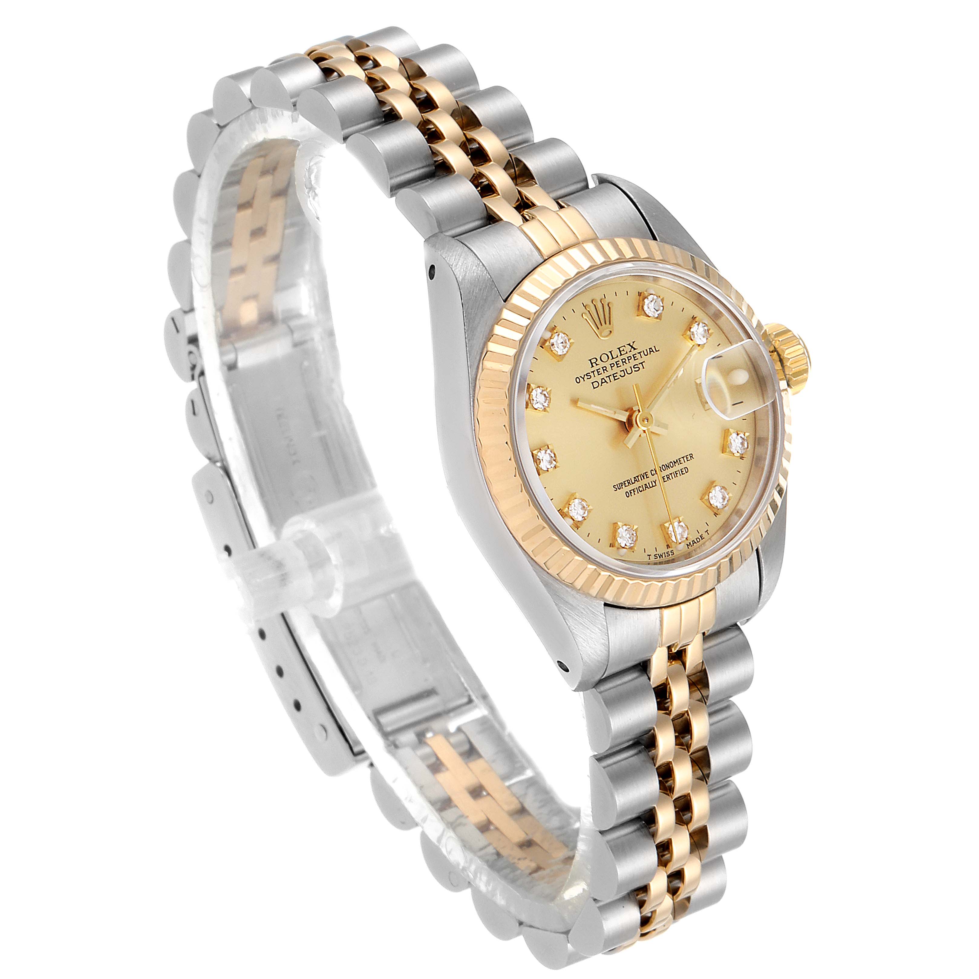 The image shows a Rolex Datejust 69173 Women
s Steel and Gold (two tone) Champagne Dial 69173 Women
s Steel and Gold (two tone) Champagne Dial watch from an oblique angle, highlighting the face, bezel, crown, and two-tone bracelet.