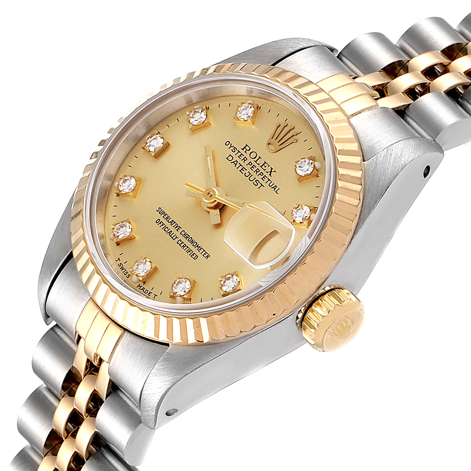 This image shows a close-up, angled view of the Rolex Datejust 69173 Women
s Steel and Gold (two tone) Champagne Dial 69173 Women
s Steel and Gold (two tone) Champagne Dial watch, highlighting its bezel, dial, crown, and bracelet.