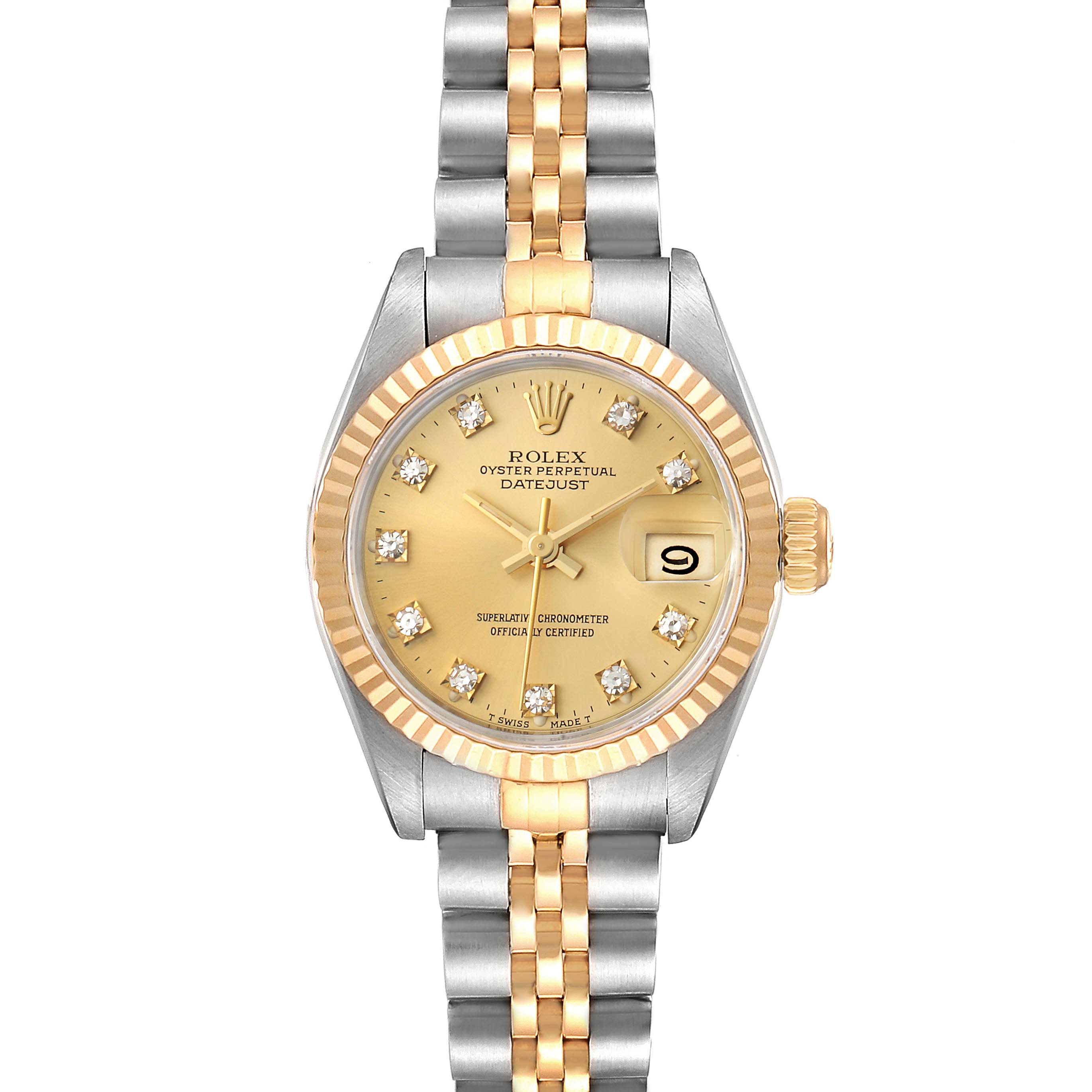 The Rolex Datejust 69173 Women
s Steel and Gold (two tone) Champagne Dial 69173 Women
s Steel and Gold (two tone) Champagne Dial watch is shown from a top-down angle, displaying the dial, bezel, crown, and two-tone bracelet.