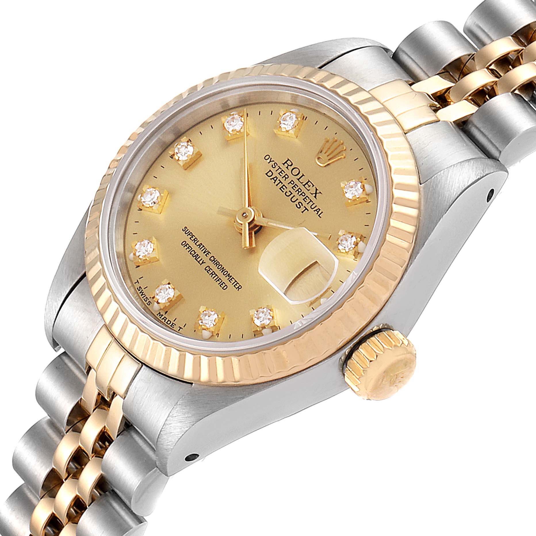 This image shows a side angle of the Rolex Datejust 69173 Women
s Steel and Gold (two tone) Champagne Dial 69173 Women
s Steel and Gold (two tone) Champagne Dial, highlighting the dial, crown, and part of the bracelet.