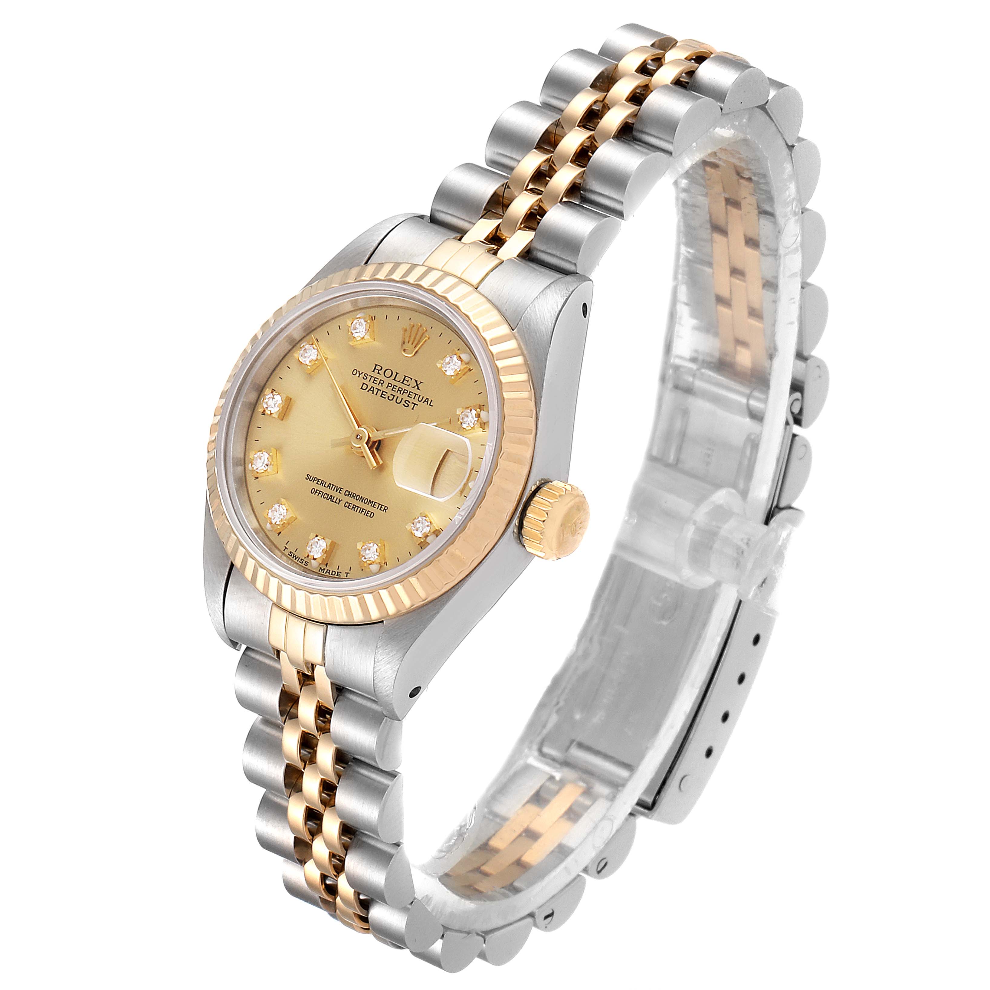 The image shows a Rolex Datejust 69173 Women
s Steel and Gold (two tone) Champagne Dial 69173 Women
s Steel and Gold (two tone) Champagne Dial watch at a slight angle, displaying the face, bezel, crown, and two-tone bracelet.