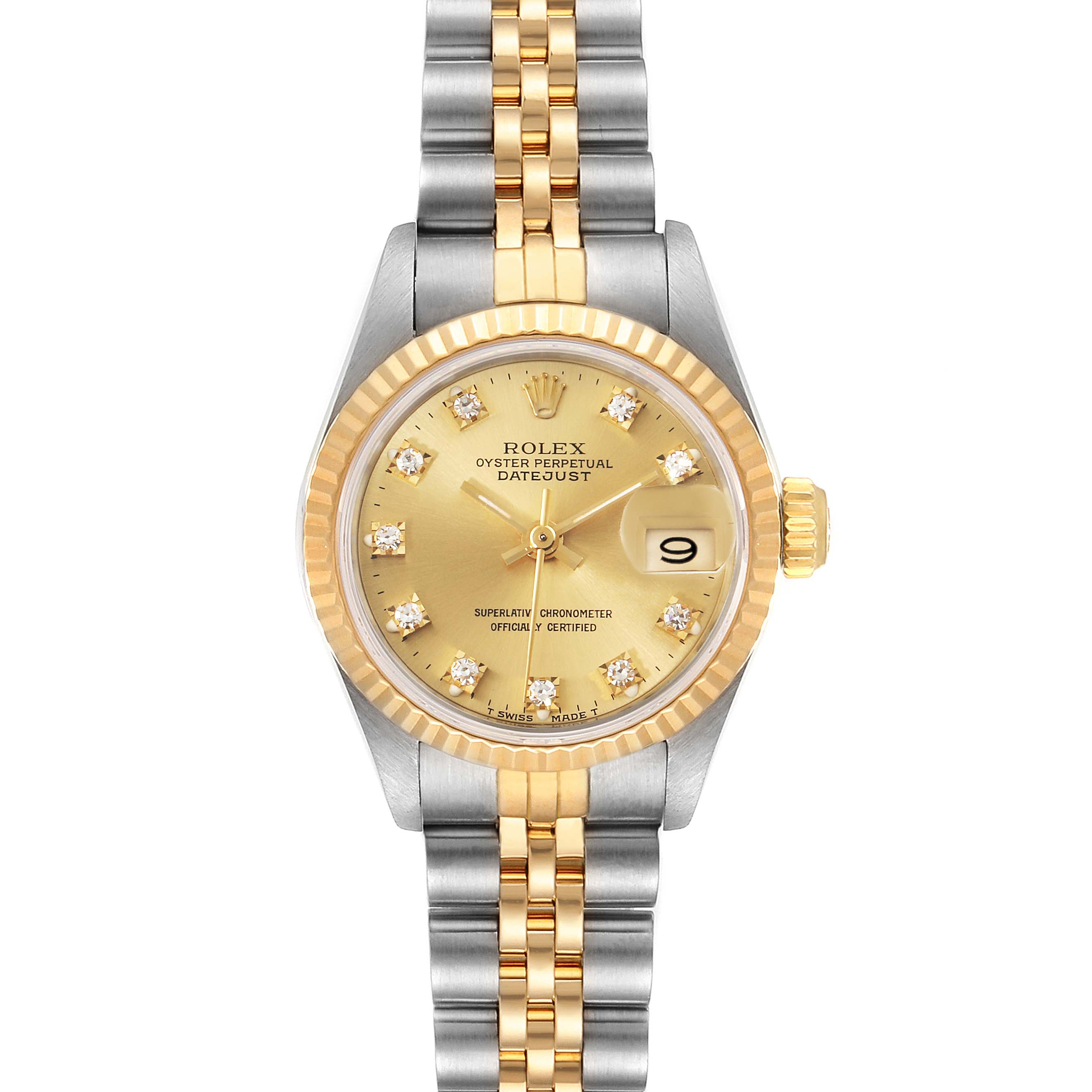 This is a front view of the Rolex Datejust 69173 Women
s Steel and Gold (two tone) Champagne Dial 69173 Women
s Steel and Gold (two tone) Champagne Dial watch, showing the dial, bezel, and bracelet.