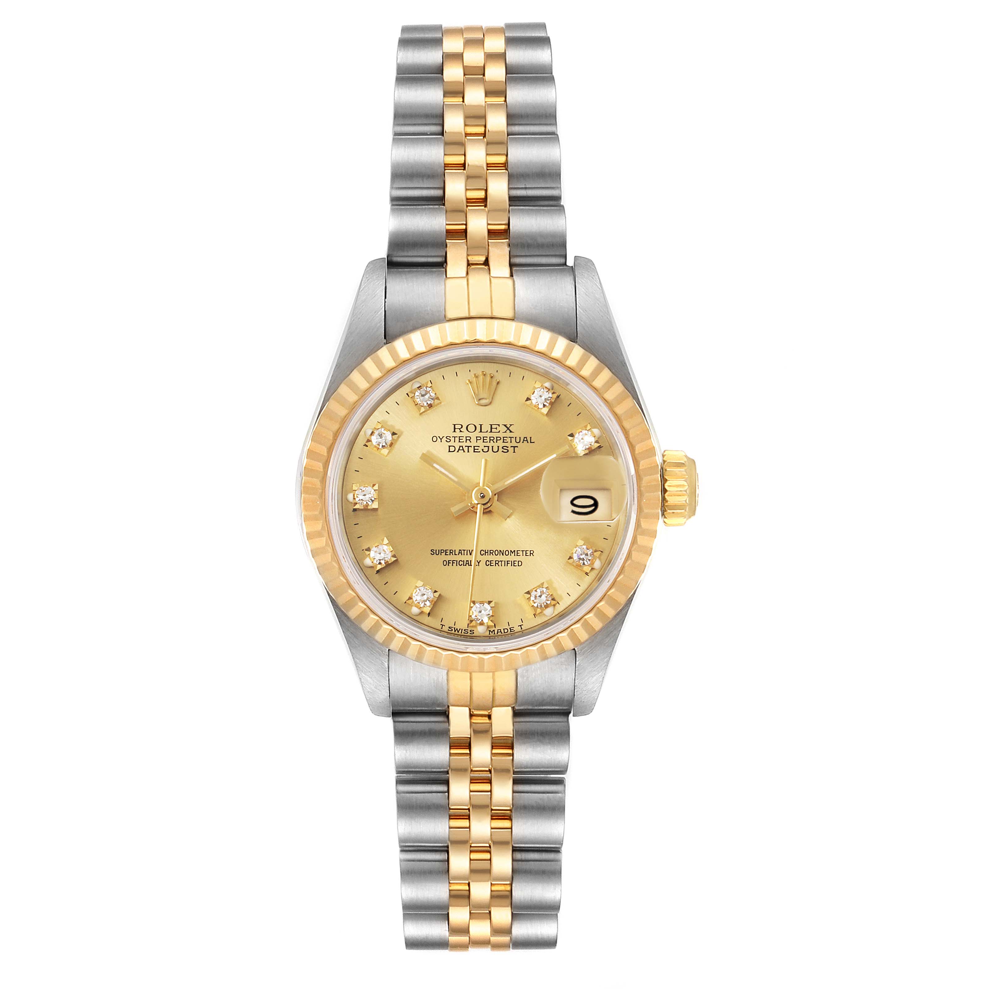 This image shows a front angle of the Rolex Datejust 69173 Women
s Steel and Gold (two tone) Champagne Dial 69173 Women
s Steel and Gold (two tone) Champagne Dial watch, displaying its dual-tone band, gold dial, and date window.
