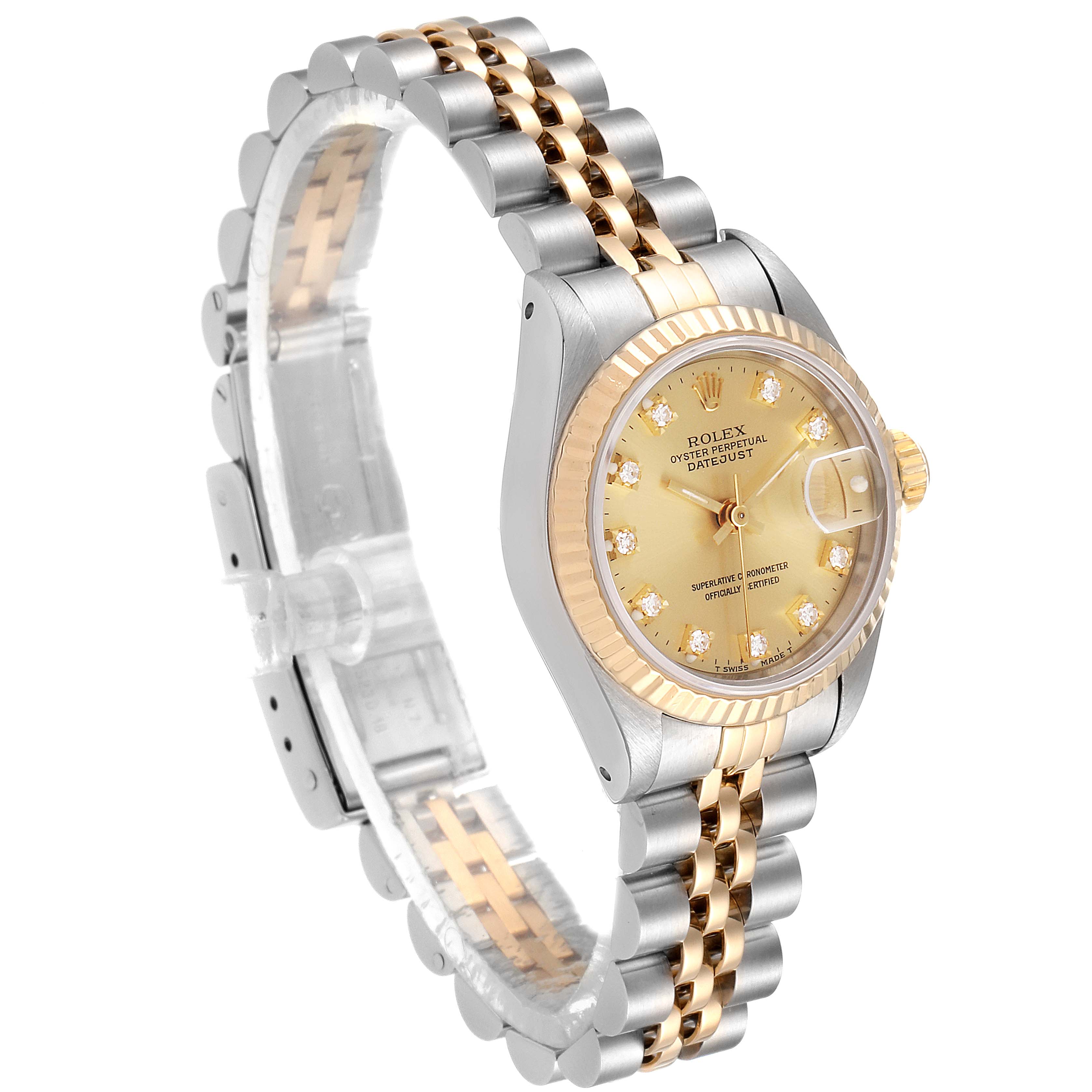 The image shows a Rolex Datejust 69173 Women
s Steel and Gold (two tone) Champagne Dial 69173 Women
s Steel and Gold (two tone) Champagne Dial watch with a gold dial, diamond hour markers, fluted bezel, and two-tone Jubilee bracelet, at a 45-degree angle.