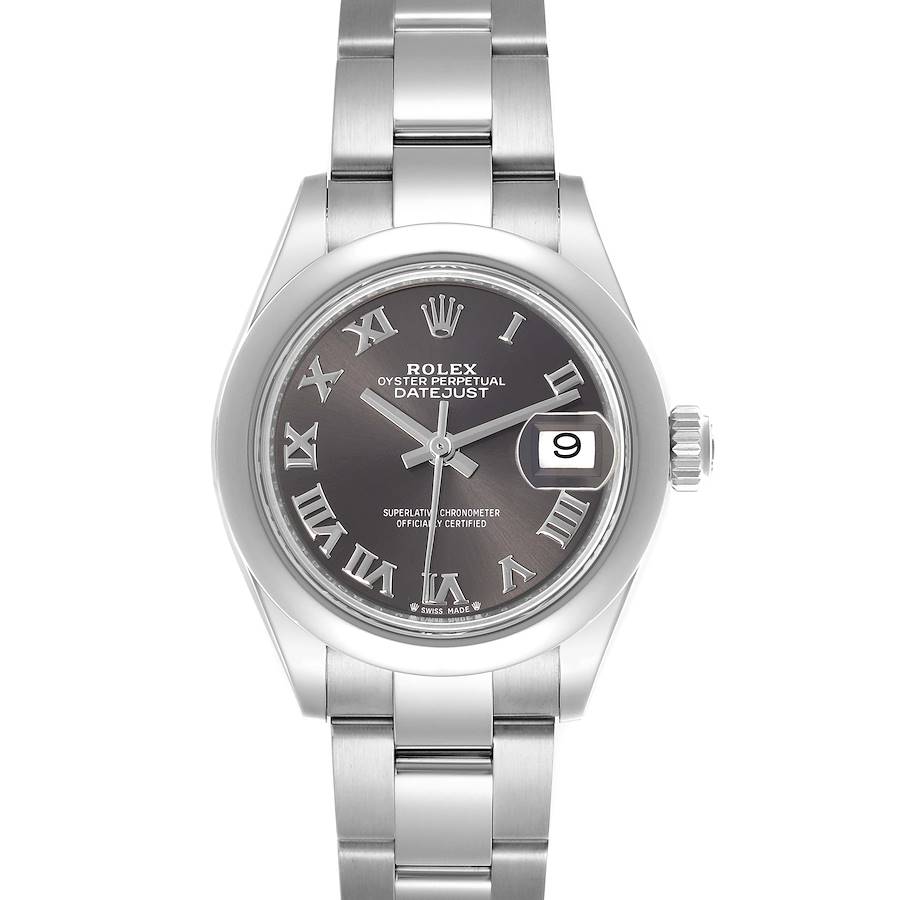 The Rolex Datejust watch is shown from a front angle, highlighting the dial, bezel, bracelet, and crown.