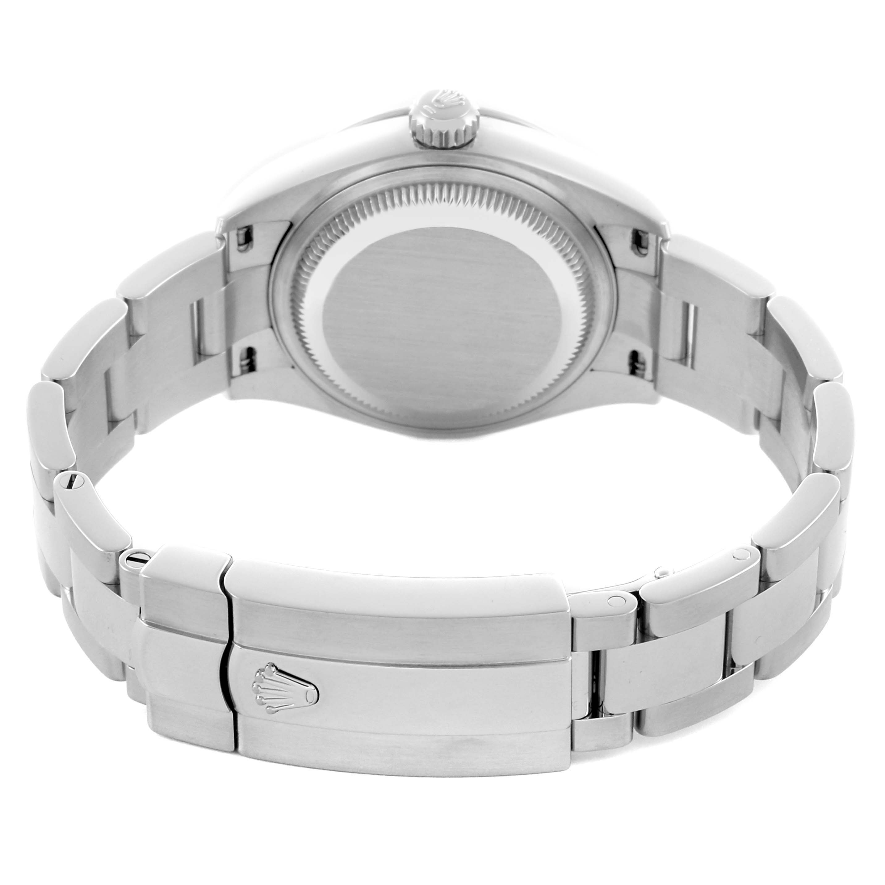 The image shows the back of a Rolex Datejust 279160 Women's Stainless Steel Grey Dial 279160 Women's Stainless Steel Grey Dial, highlighting the clasp and bracelet.