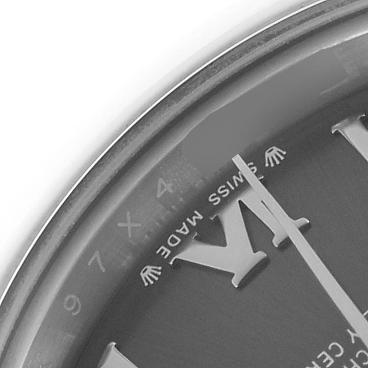 The image shows a close-up of the dial of a Rolex Datejust 279160 Women's Stainless Steel Grey Dial 279160 Women's Stainless Steel Grey Dial, focusing on the hour markers and "SWISS MADE."
