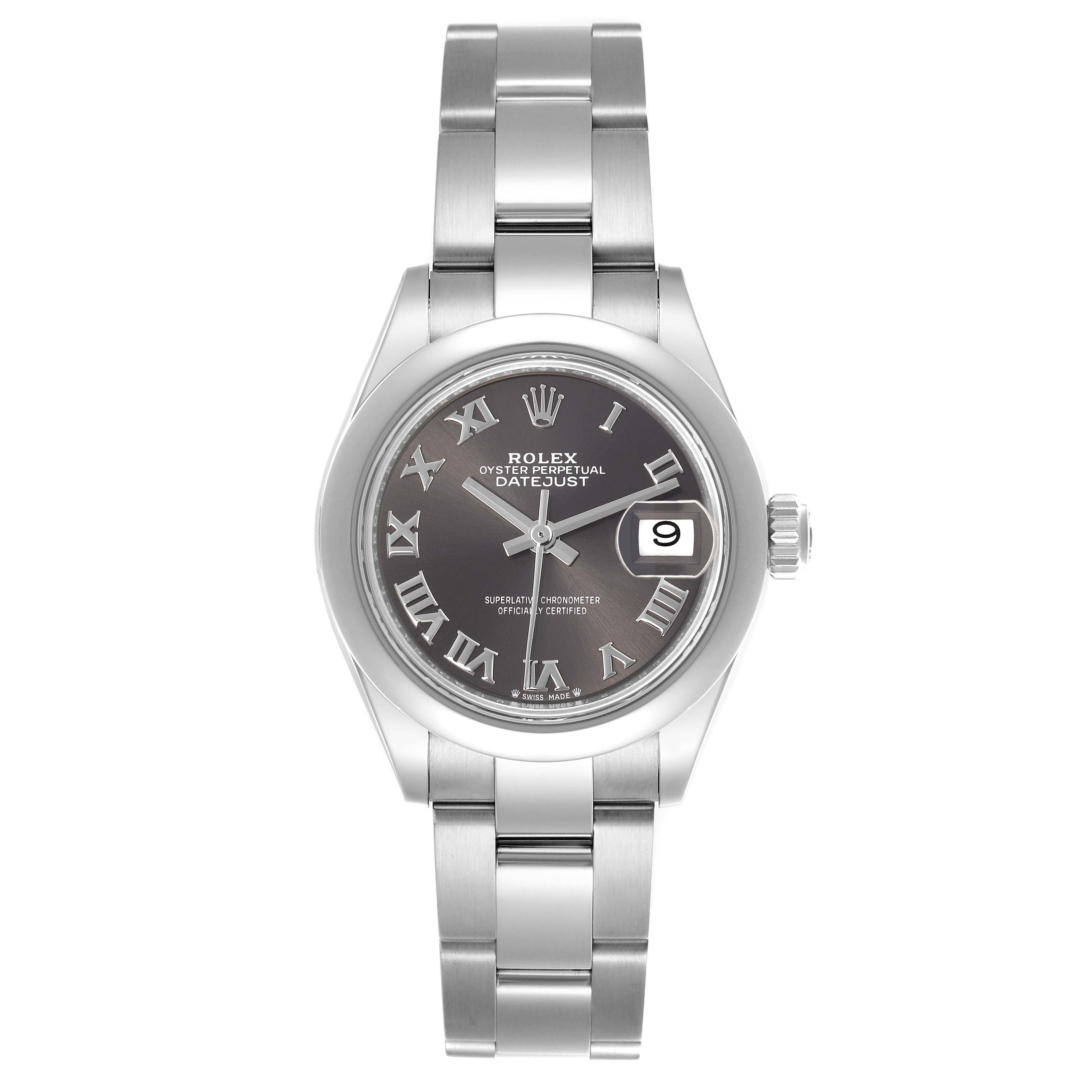 The Rolex Datejust 279160 Women's Stainless Steel Grey Dial 279160 Women's Stainless Steel Grey Dial watch is shown from a front angle, displaying the bracelet, case, dial, and date window.