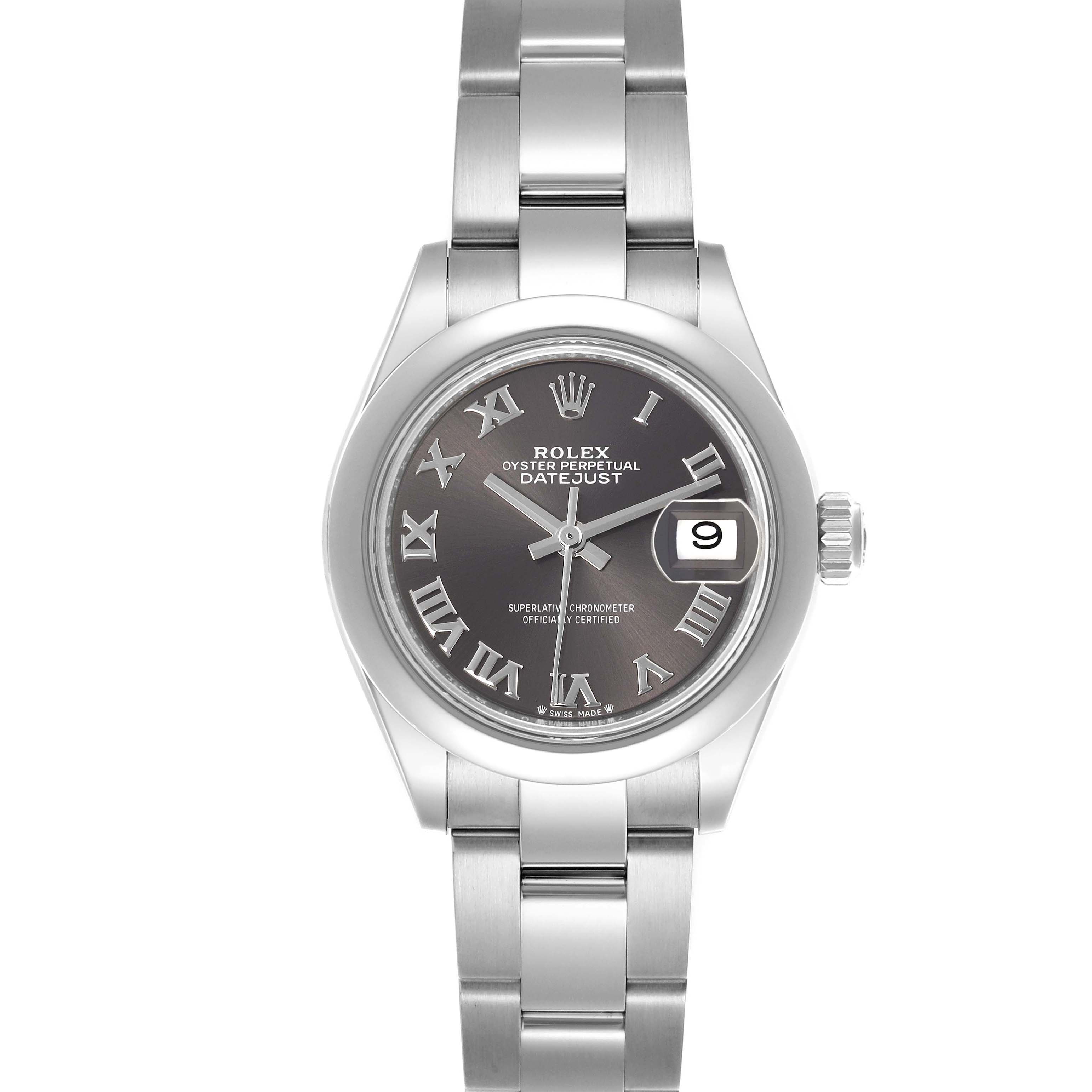 The Rolex Datejust 279160 Women's Stainless Steel Grey Dial 279160 Women's Stainless Steel Grey Dial watch is shown from a top-down angle, highlighting its bracelet, dial, and date magnification.