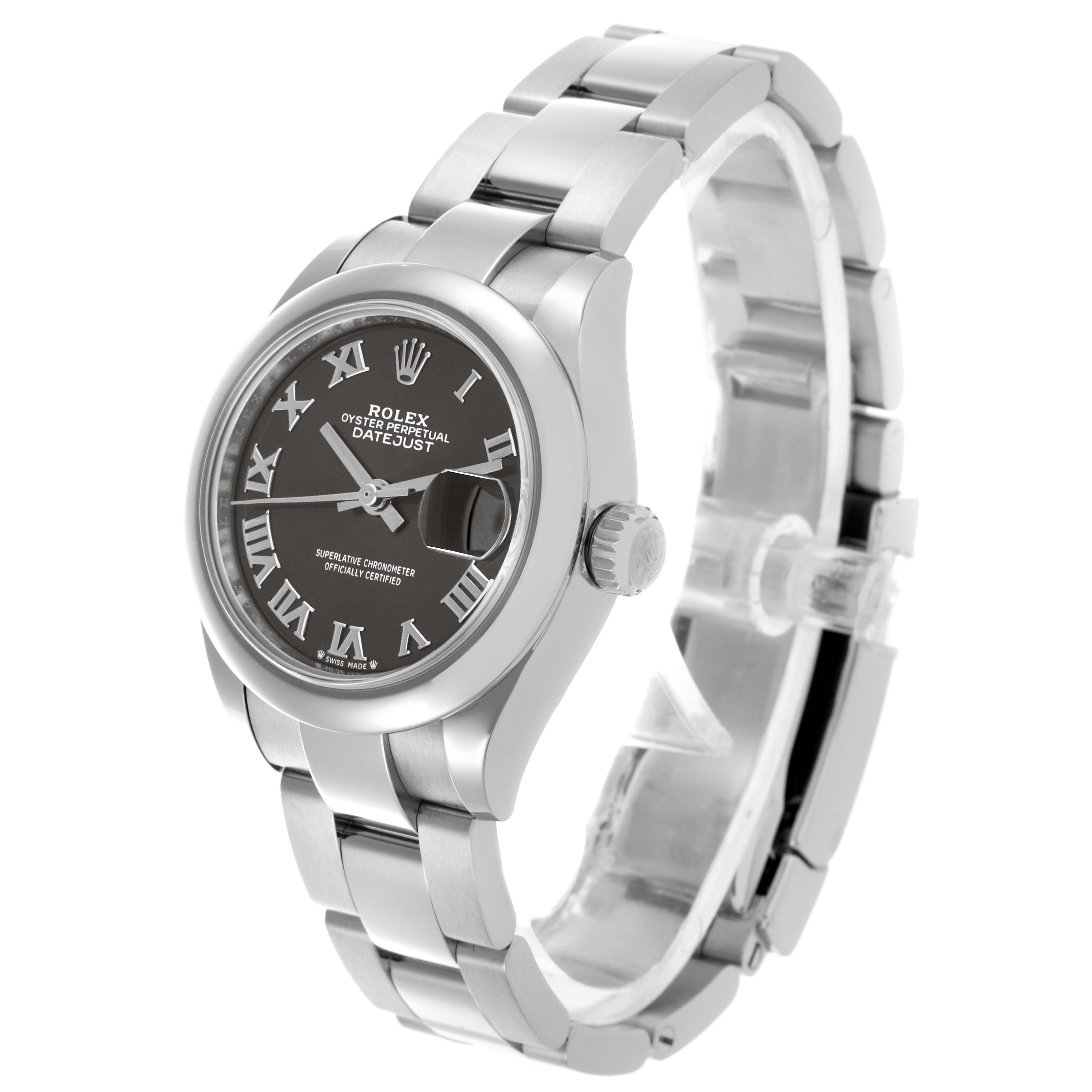 The Rolex Datejust 279160 Women's Stainless Steel Grey Dial 279160 Women's Stainless Steel Grey Dial watch is shown at a three-quarter angle, displaying the dial, bezel, crown, and bracelet.