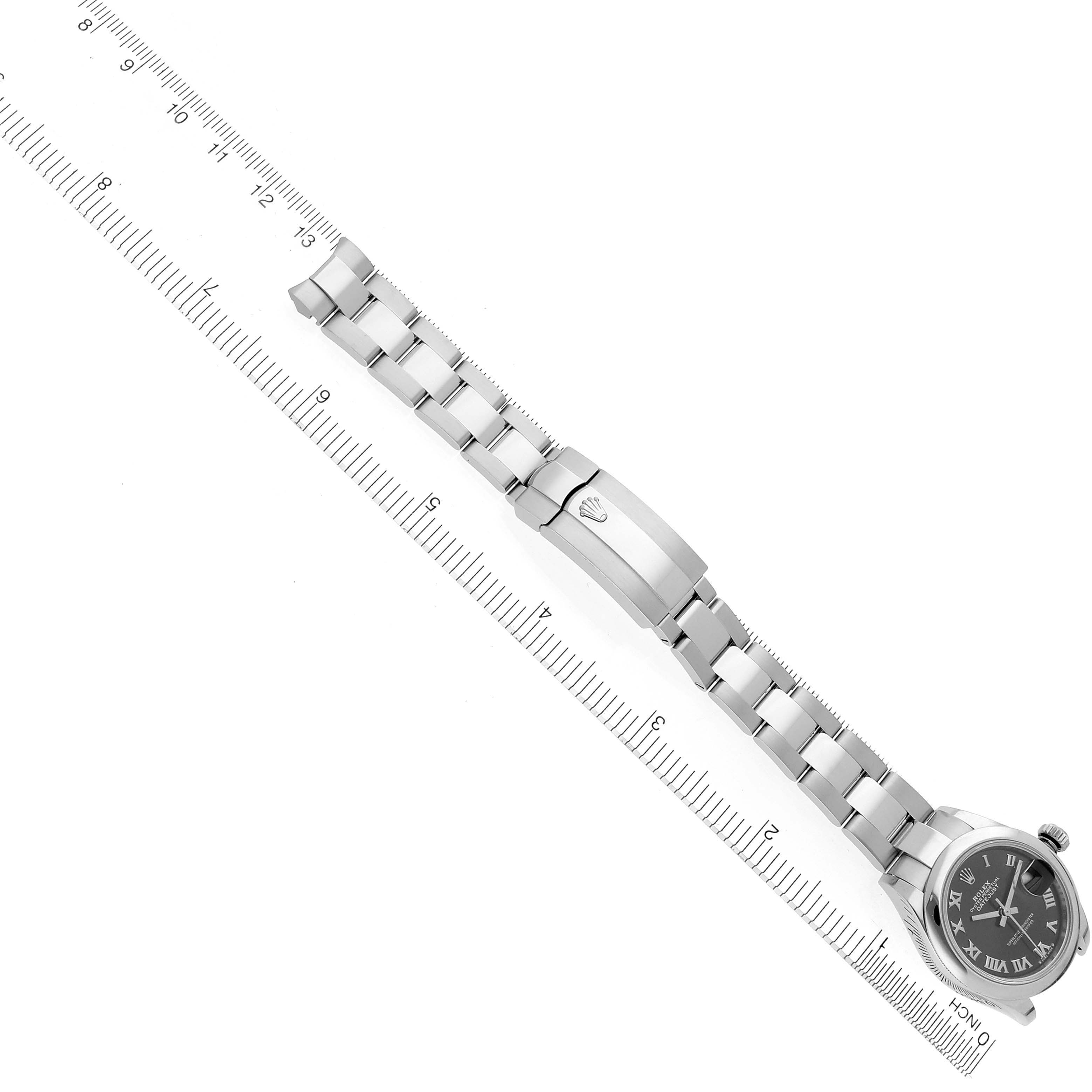 The Rolex Datejust 279160 Women's Stainless Steel Grey Dial 279160 Women's Stainless Steel Grey Dial watch is shown from a top-down view, displaying the full bracelet and clasp along with the face.