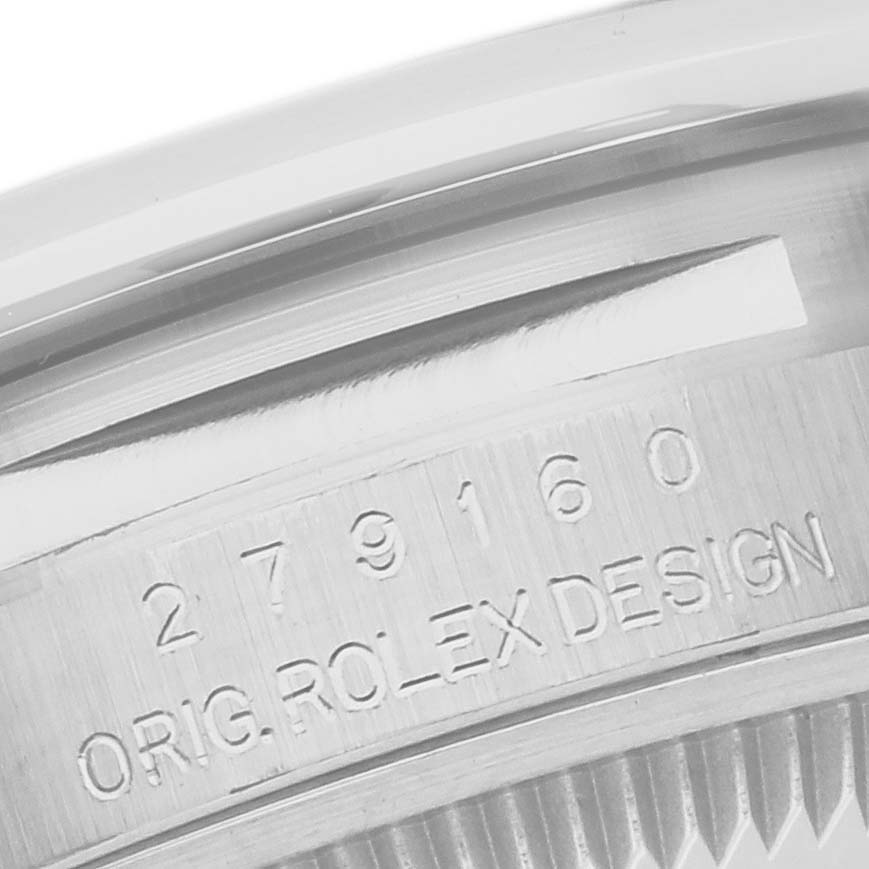 The image shows the inner rim of a Rolex Datejust 279160 Women's Stainless Steel Grey Dial 279160 Women's Stainless Steel Grey Dial watch case with engraved model details.