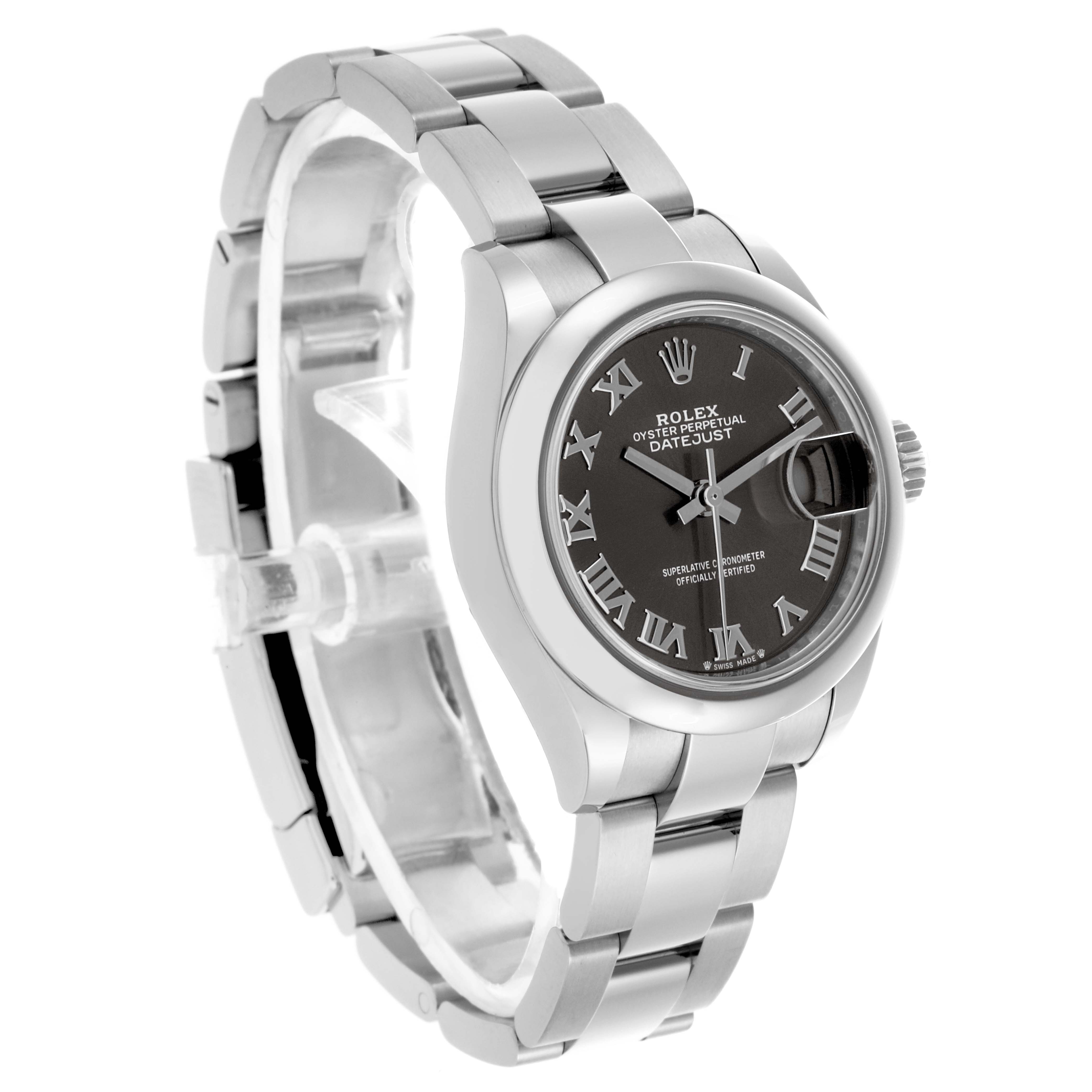 The photo shows a Rolex Datejust 279160 Women's Stainless Steel Grey Dial 279160 Women's Stainless Steel Grey Dial at a slight angle, highlighting the face, bracelet, and bezel.