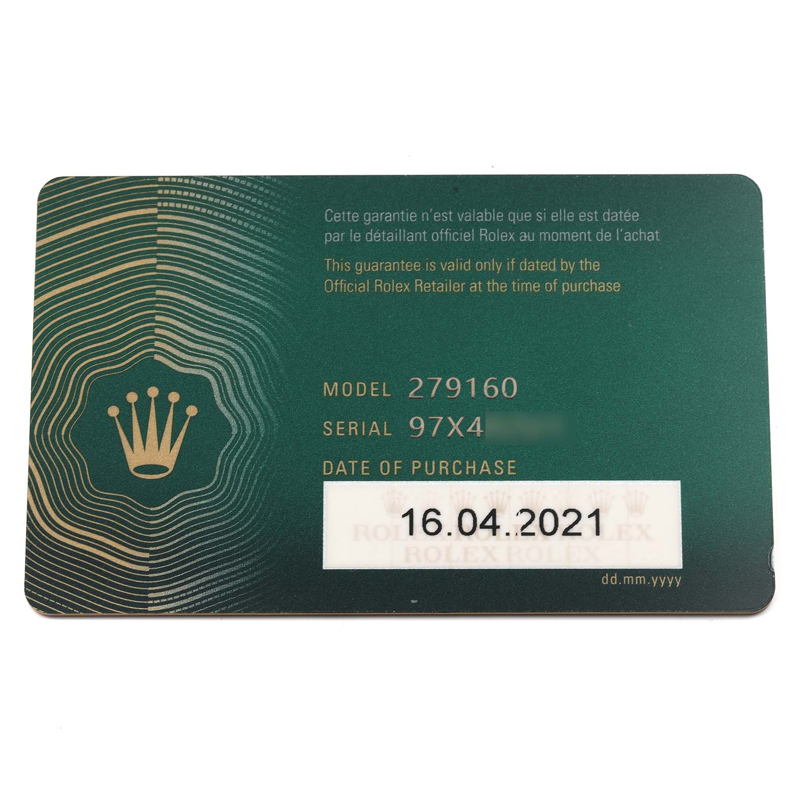 The image shows a warranty card for a Rolex Datejust 279160 Women's Stainless Steel Grey Dial 279160 Women's Stainless Steel Grey Dial model, including model and serial numbers.