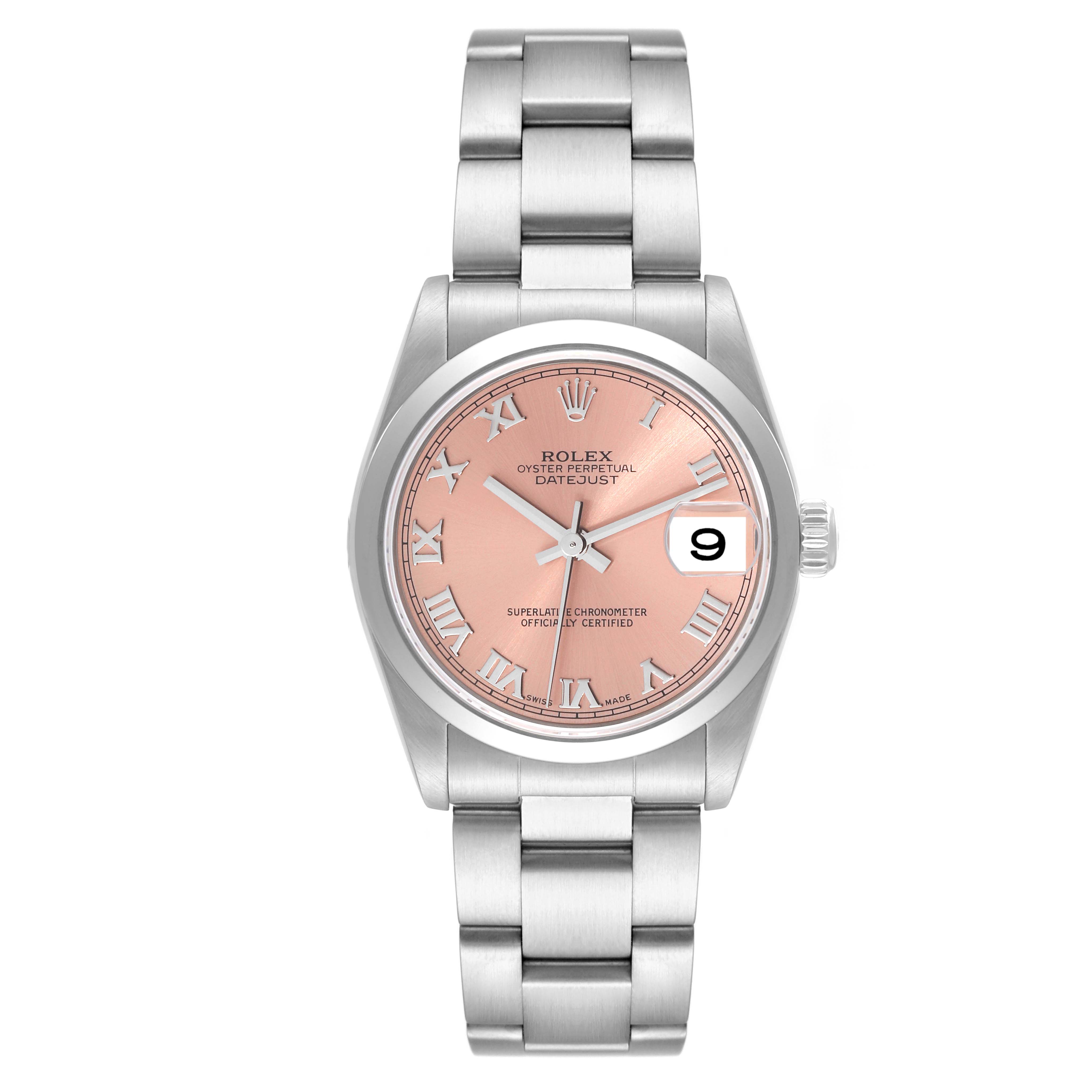 The image shows a front view of a Rolex Datejust Mid-Size watch with a pink face and silver metal bracelet.