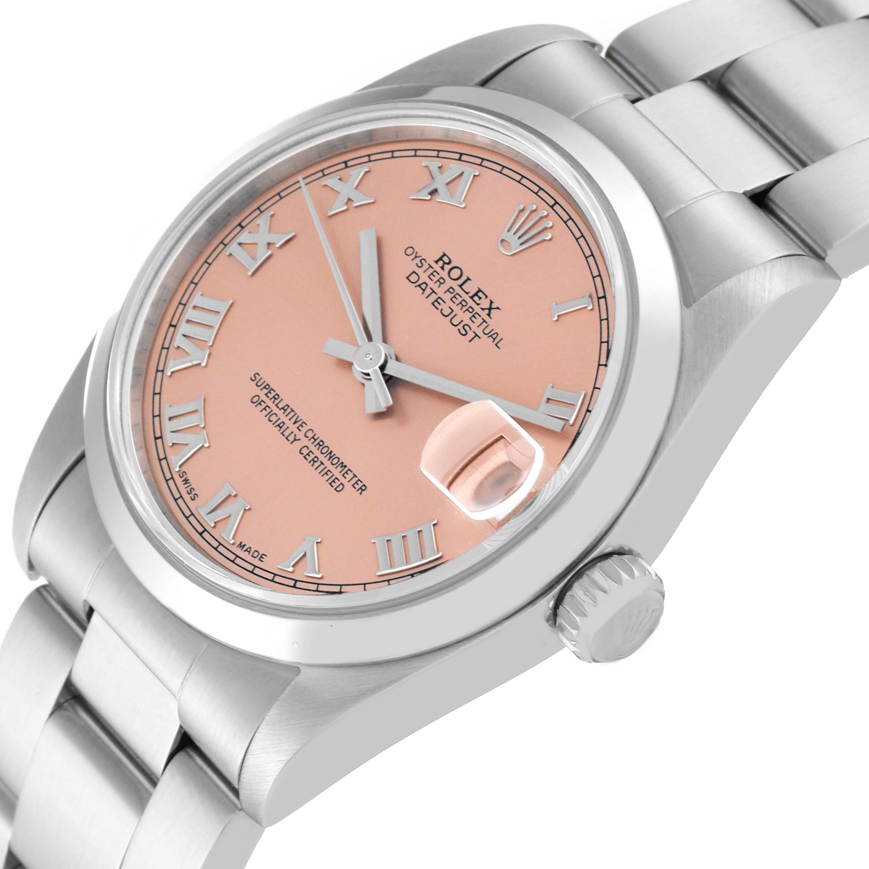 The image shows a slight side-view angle of a Rolex Mid-Size 78240 Women's Stainless Steel Pink Dial 78240 Women's Stainless Steel Pink Dial Datejust watch, highlighting the dial, bezel, crown, and bracelet.