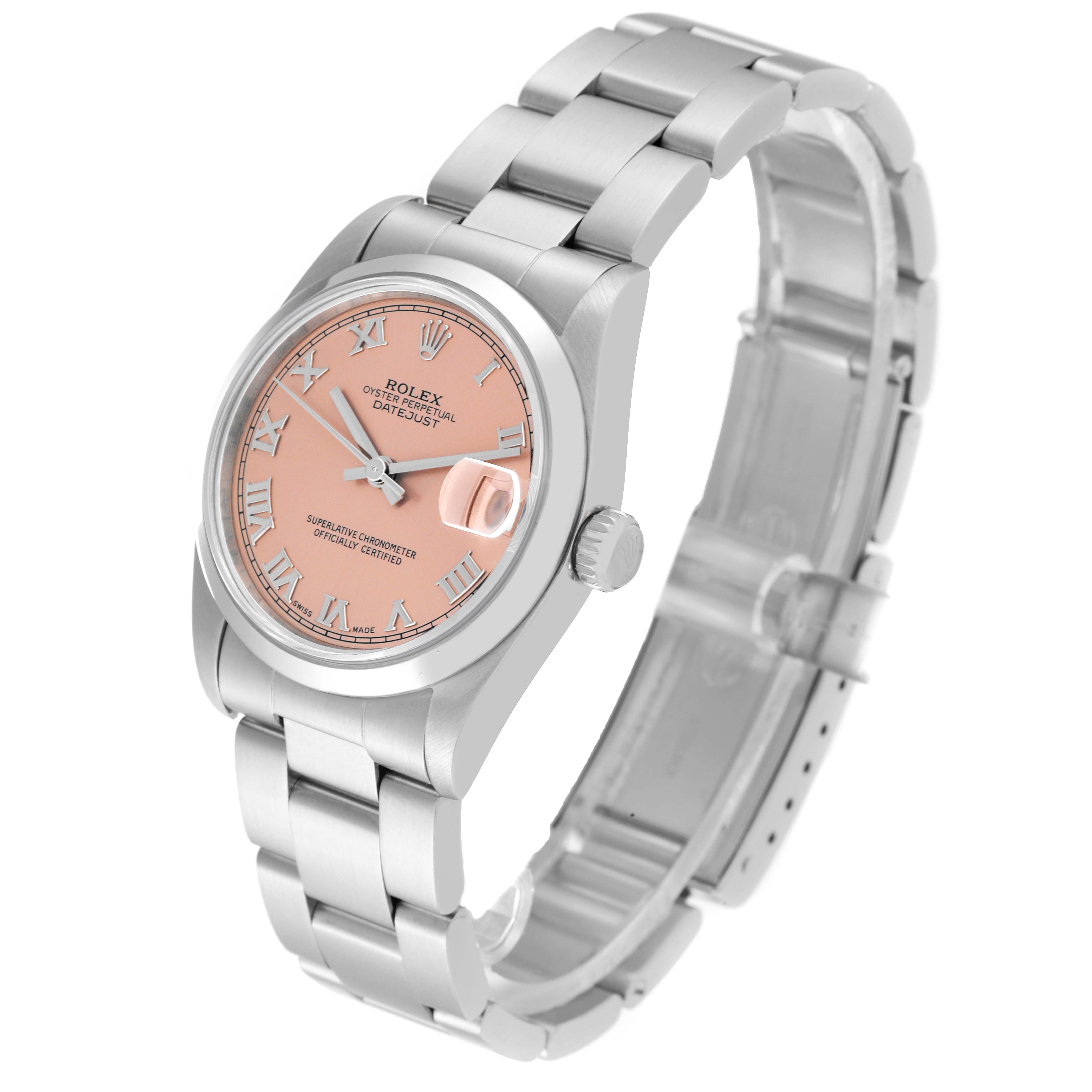 This image shows a Rolex Mid-Size 78240 Women's Stainless Steel Pink Dial 78240 Women's Stainless Steel Pink Dial Datejust watch at a slight angle, highlighting the case, dial, and partially open bracelet.