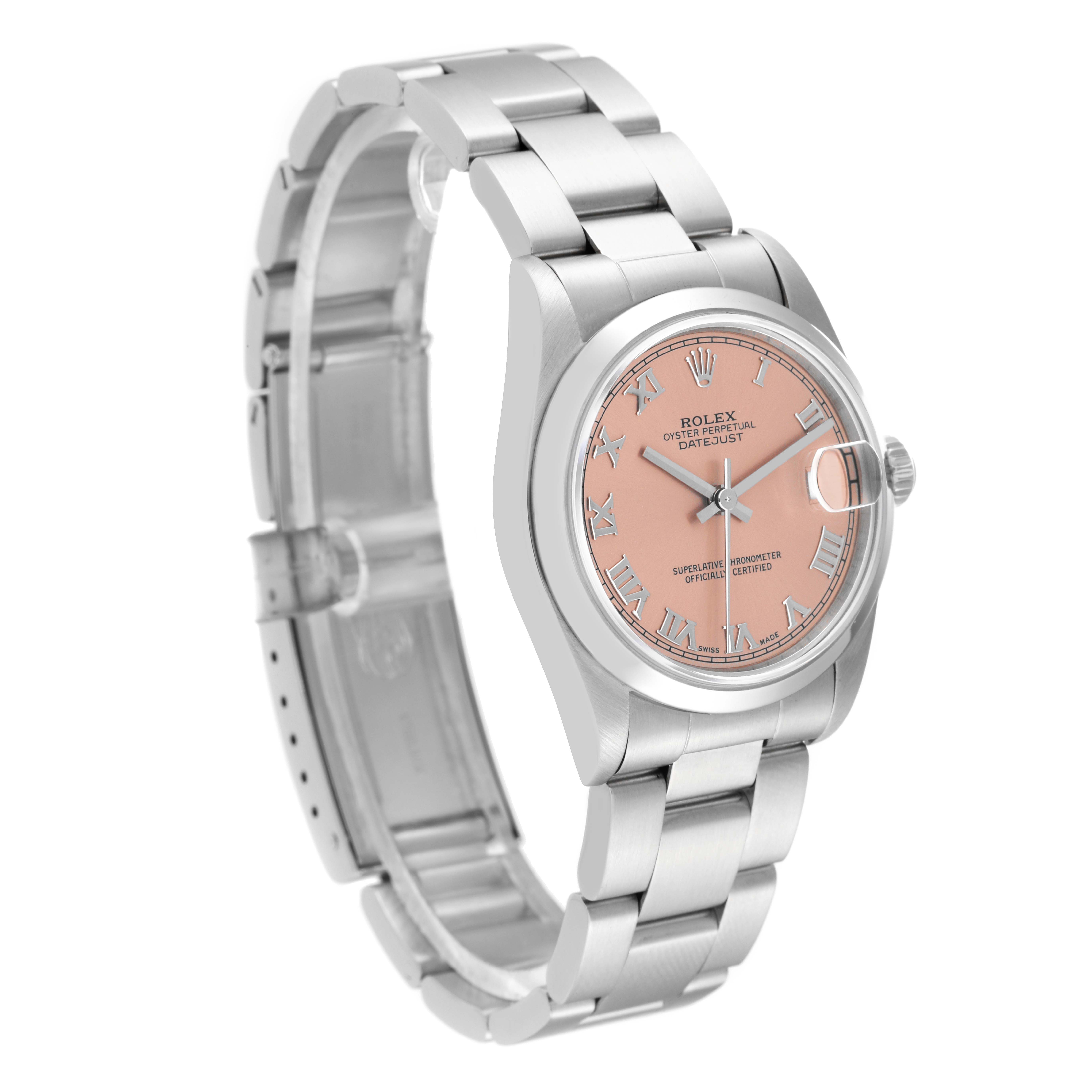 The Rolex Mid-Size 78240 Women's Stainless Steel Pink Dial 78240 Women's Stainless Steel Pink Dial model watch is shown at a slight angle, displaying the bracelet, case, dial, and crown.