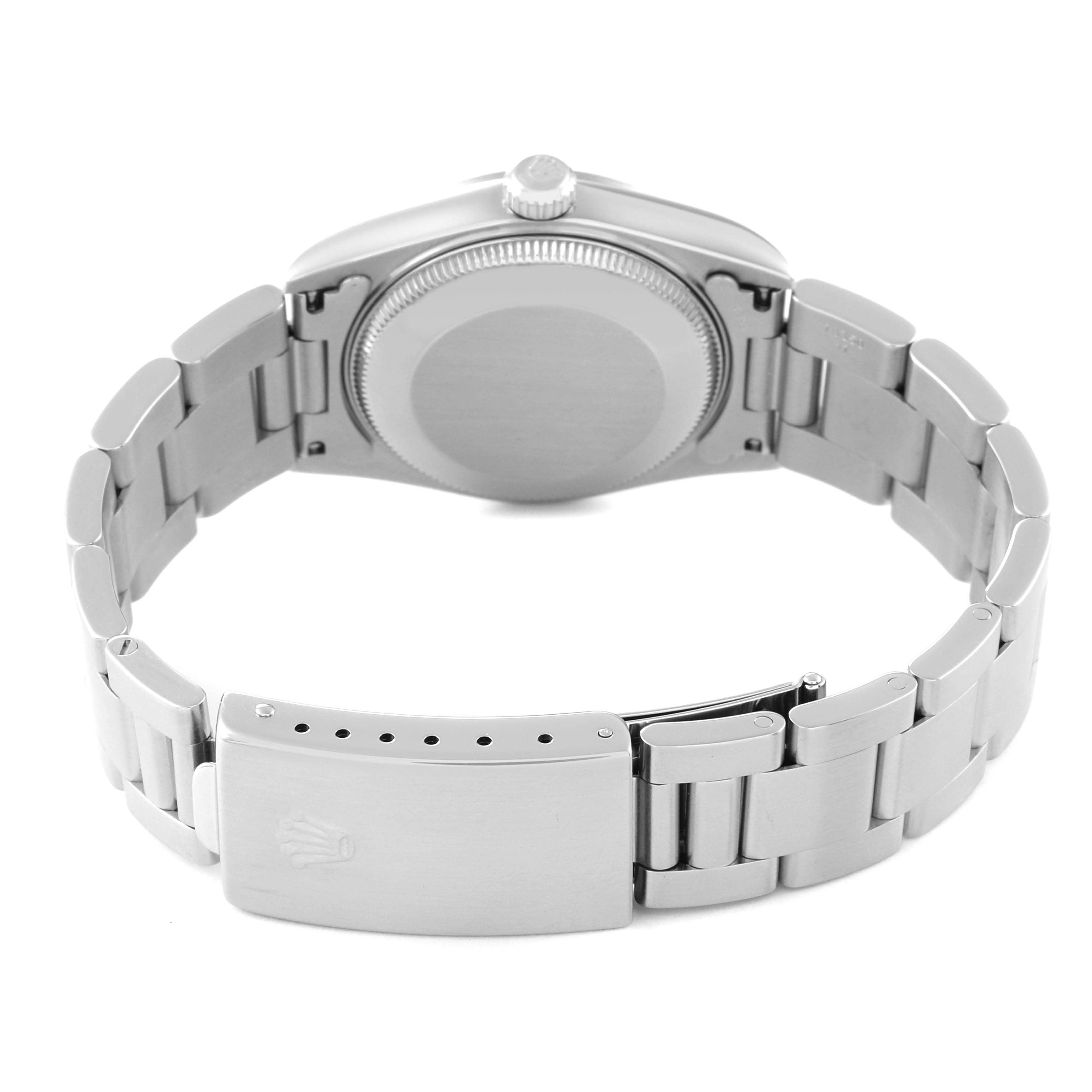 This image shows the back view of a Rolex Mid-Size 78240 Women's Stainless Steel Pink Dial 78240 Women's Stainless Steel Pink Dial model watch, including the case back, bracelet, and clasp.