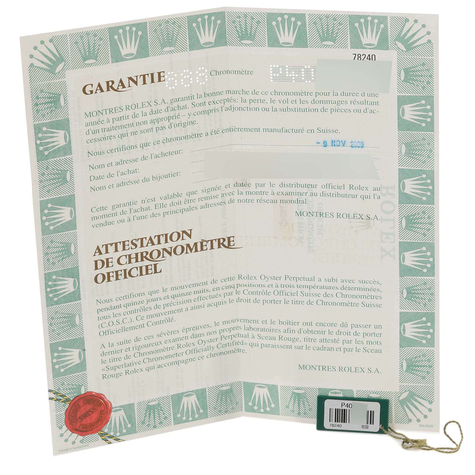 The image shows the warranty and chronometer certificate for a Rolex Mid-Size 78240 Women's Stainless Steel Pink Dial 78240 Women's Stainless Steel Pink Dial model.