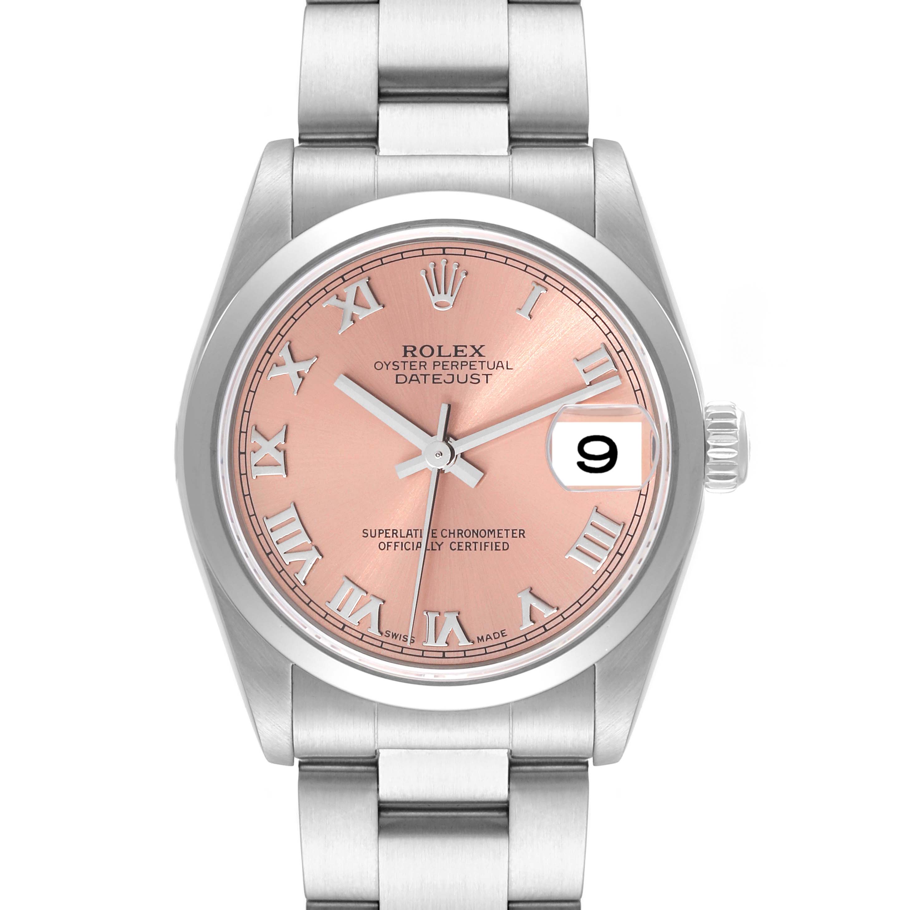This image shows a frontal view of a Rolex Datejust Mid-Size watch featuring a pink dial with Roman numerals and a stainless steel band.