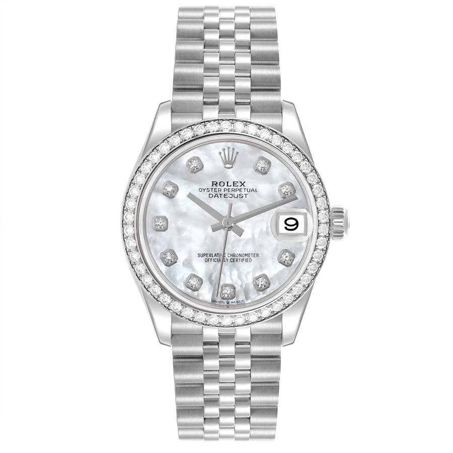 The Rolex Mid-Size watch is shown from a front view, displaying the face, bezel, bracelet, and crown.