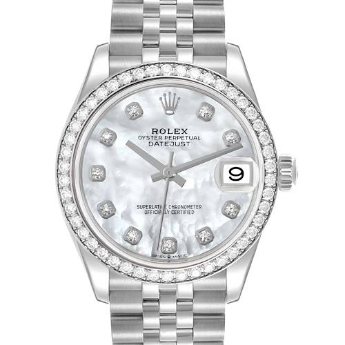 The Rolex Mid-Size model is shown from the front, featuring the face, bezel, date window, and part of the bracelet.