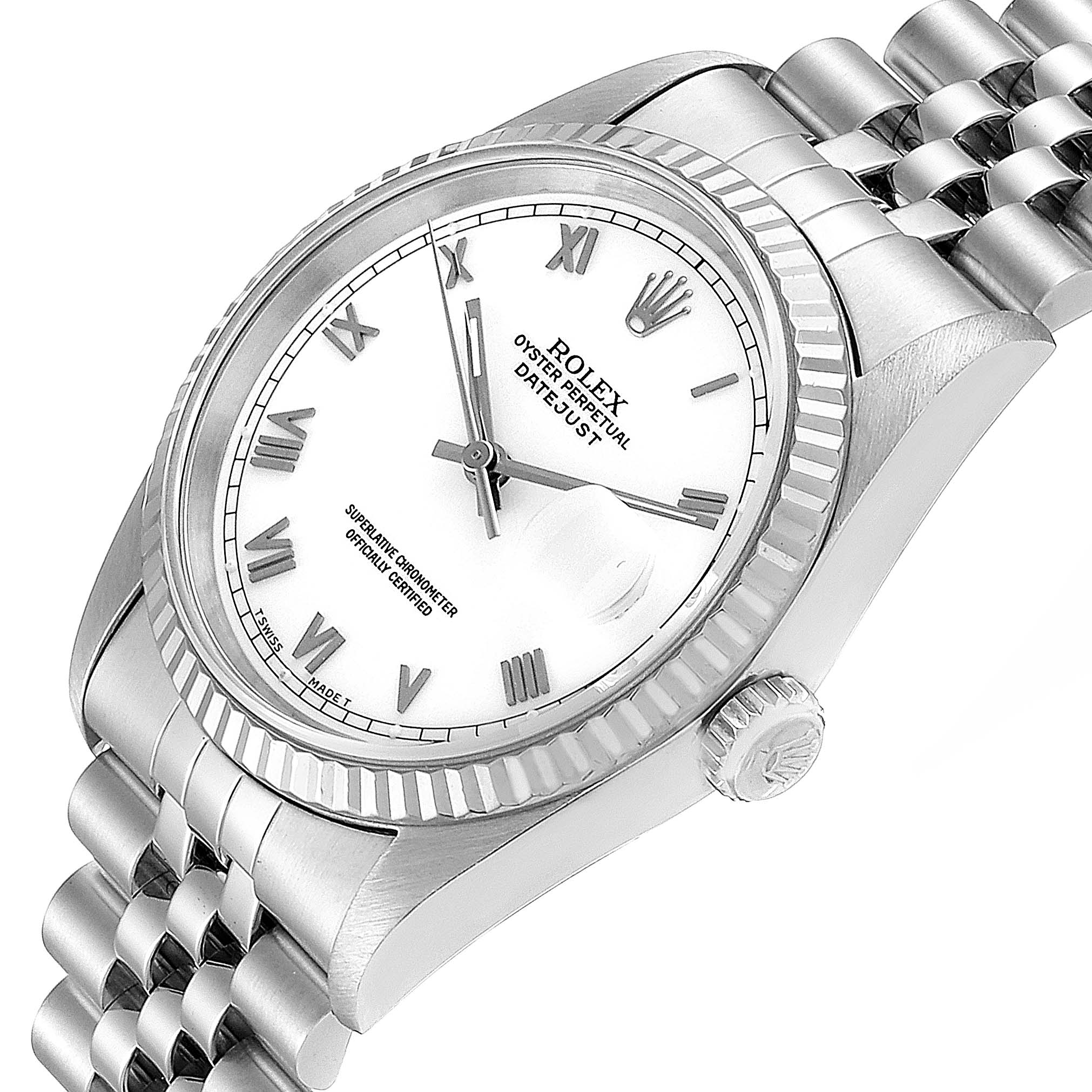 The image shows a side angle of a Rolex Datejust 16234 Men's Stainless Steel White Dial 16234 Men's Stainless Steel White Dial watch, highlighting the bezel, dial, crown, and bracelet.