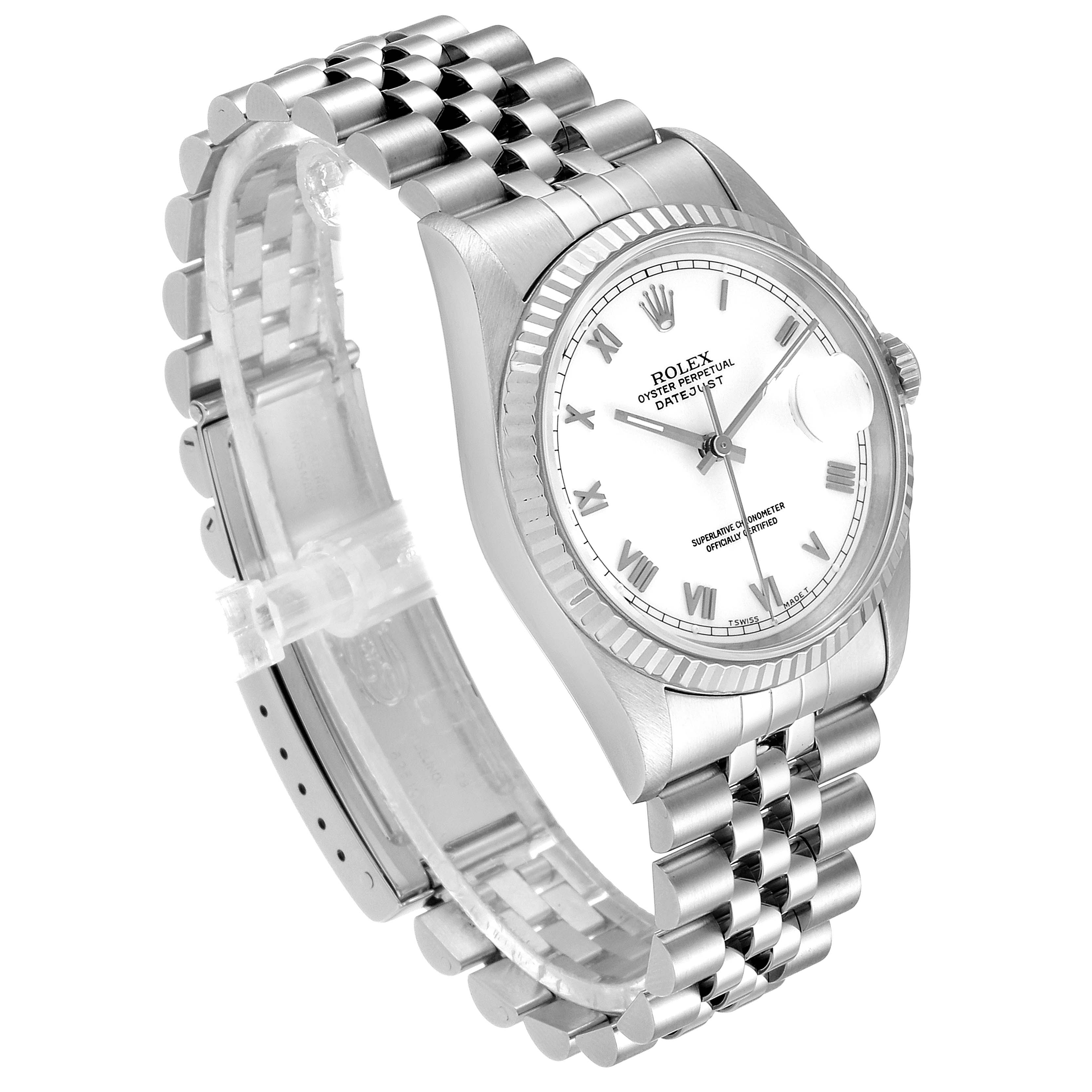 This image shows a Rolex Datejust 16234 Men's Stainless Steel White Dial 16234 Men's Stainless Steel White Dial watch at an oblique angle, highlighting its dial, bezel, crown, and jubilee bracelet.
