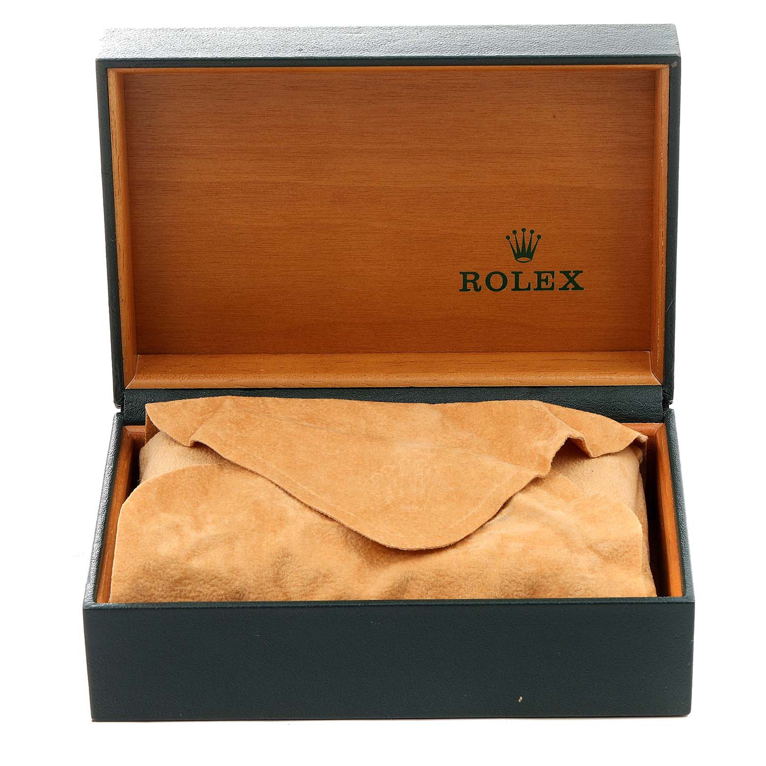This image shows an open Rolex watch box with a tan suede pouch inside, likely containing the Datejust model watch.